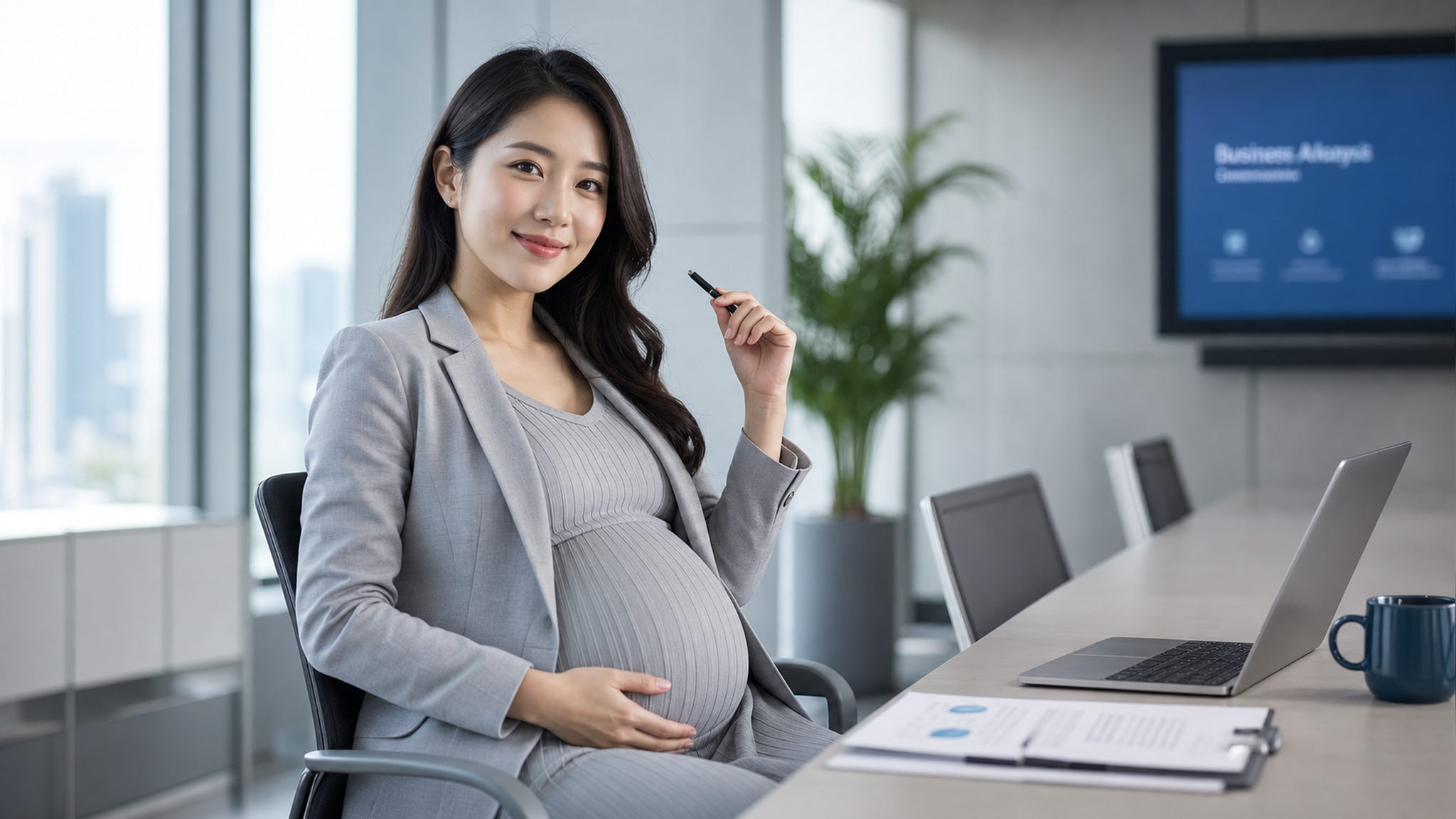 A professional Chinese pregnant woman in a modern,