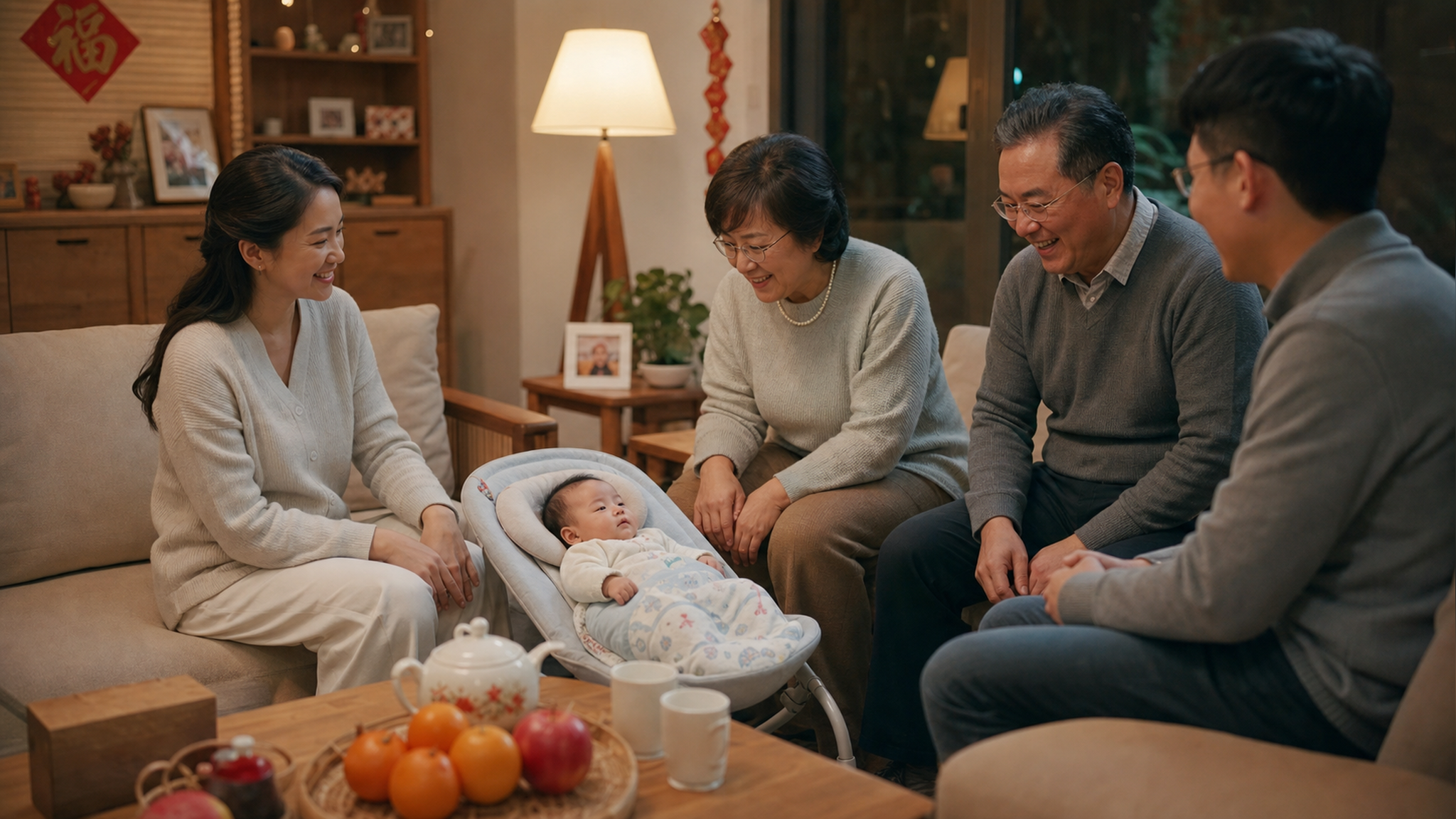 A cozy living room with a Chinese family gathering