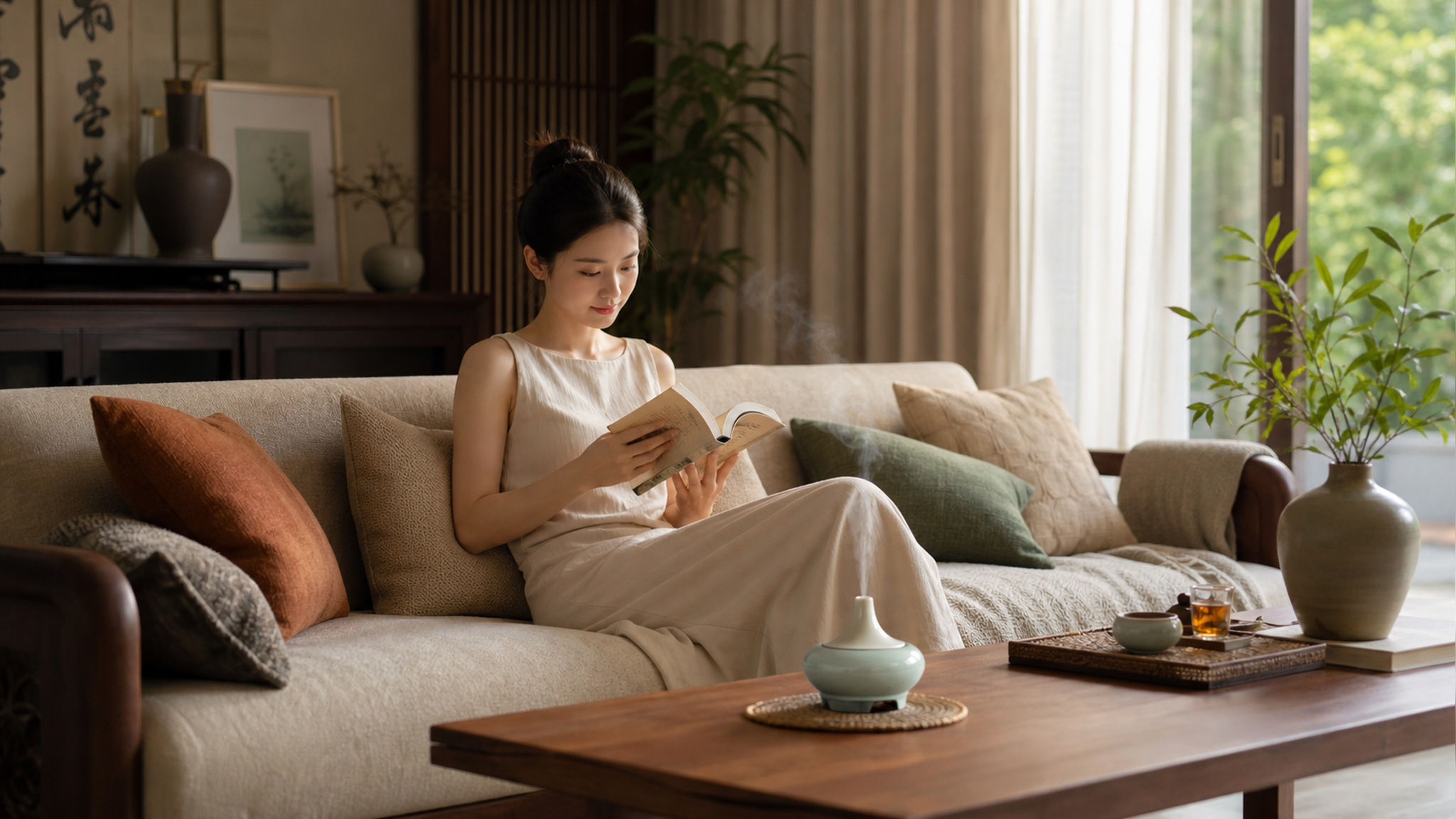 A warm and relaxing Chinese living room in summer,