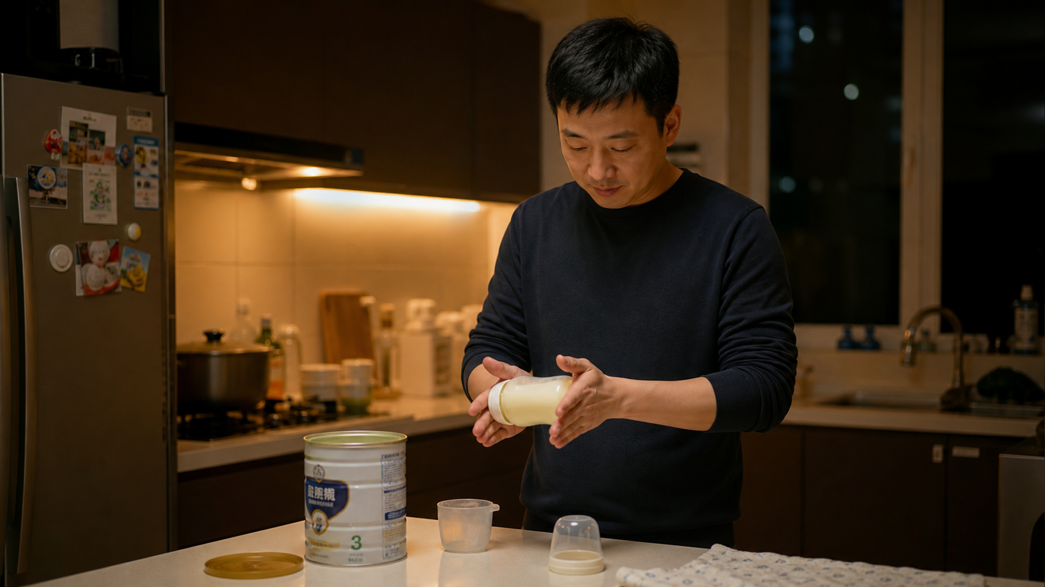 A Chinese father preparing baby formula in a warm,