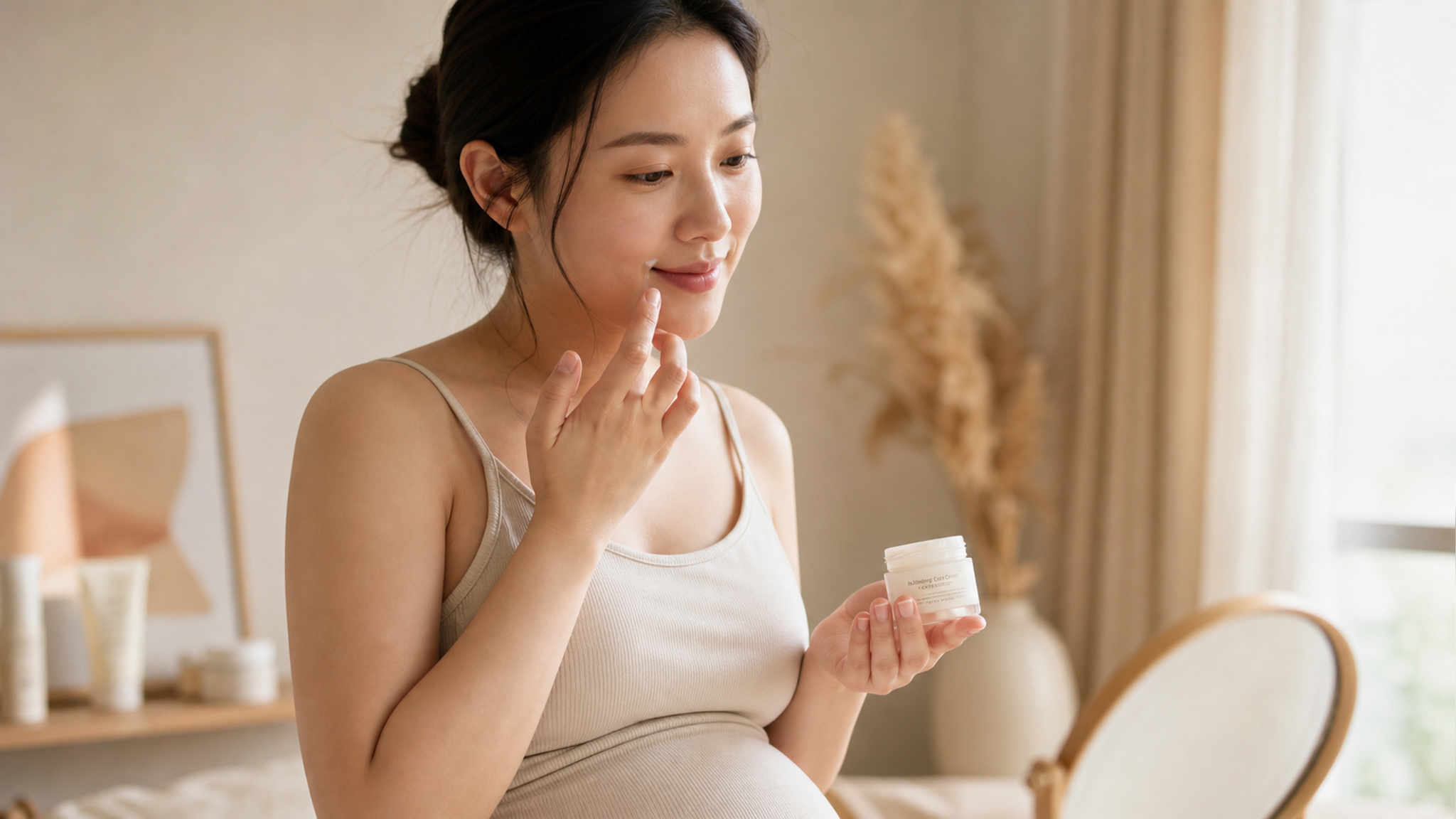 A close-up shot of a young Chinese pregnant woman