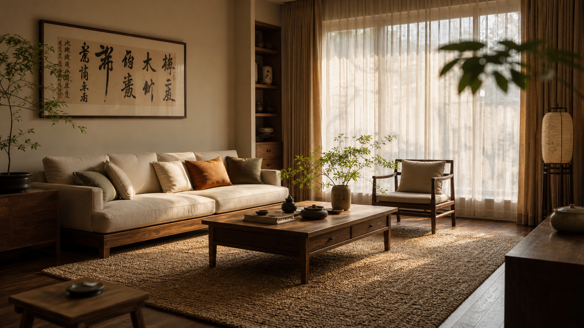 A cozy Chinese living room, warm sunlight filterin