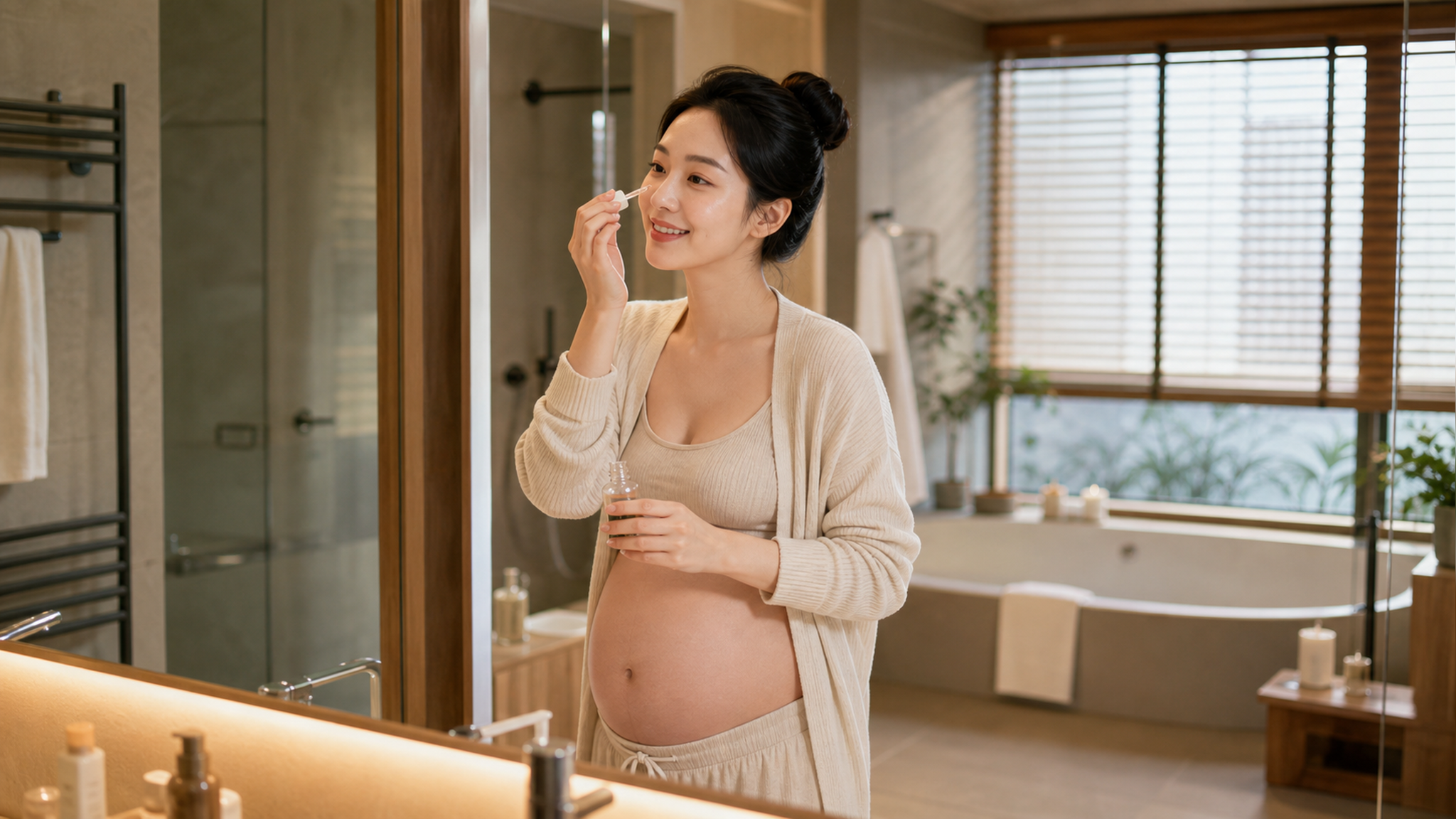 A beautiful Chinese pregnant woman in her 20s, wea