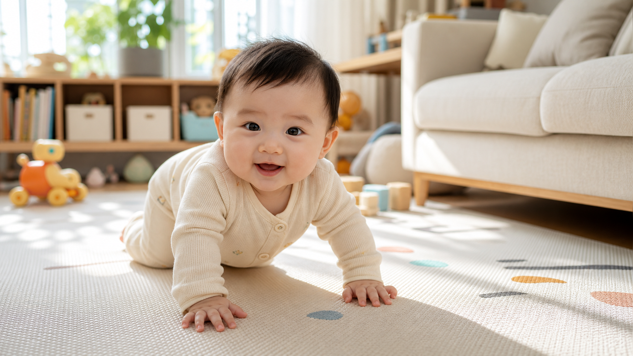 A cute Chinese baby crawling on a clean, textured