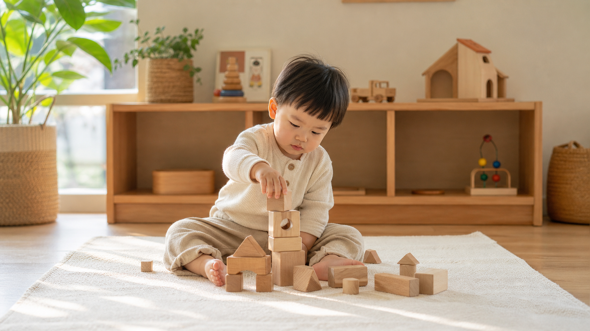 A cute Chinese toddler playing deeply focused with