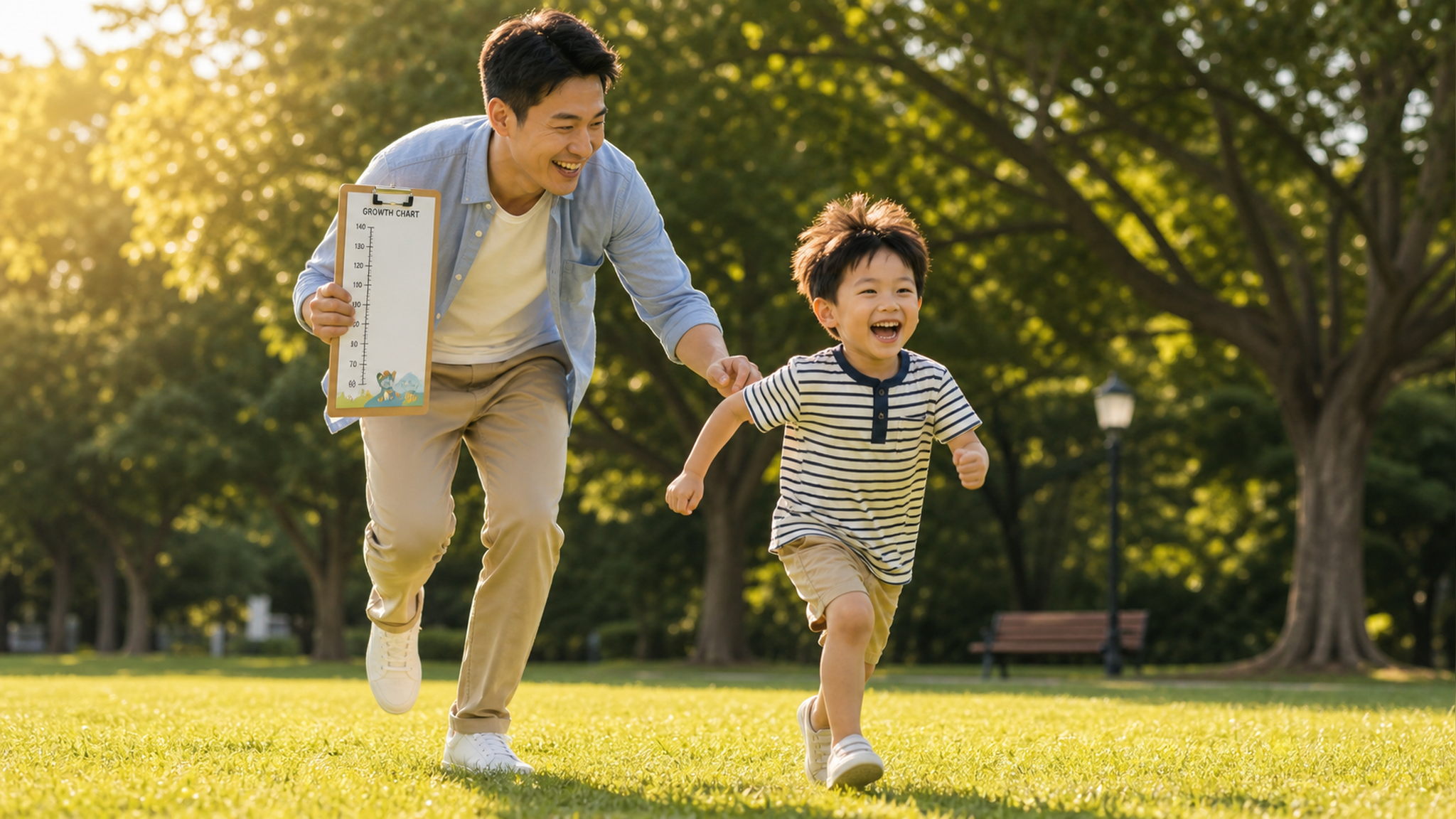 A photorealistic image of a Chinese father and his