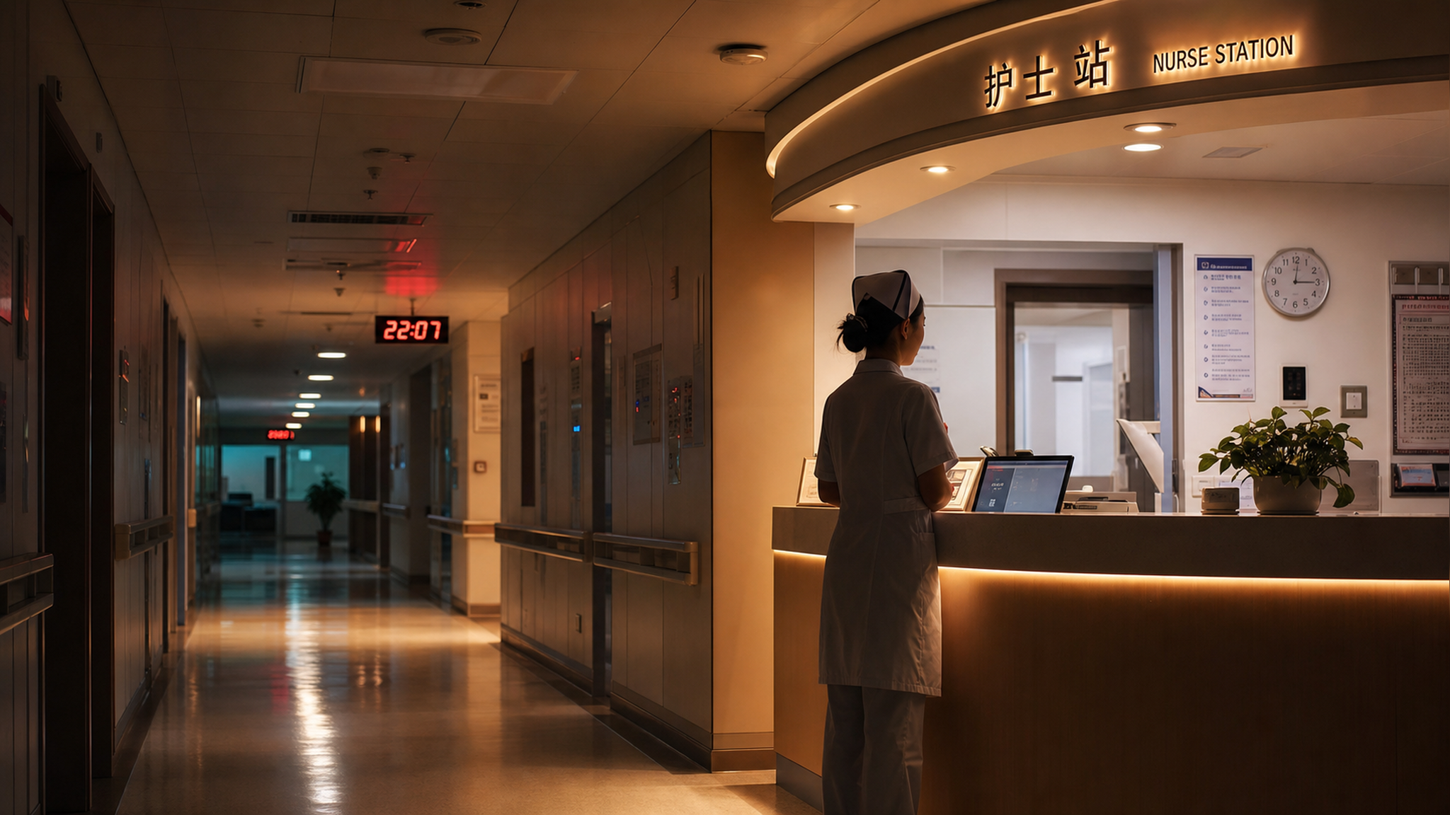 A warm and quiet hospital corridor at night, a sil