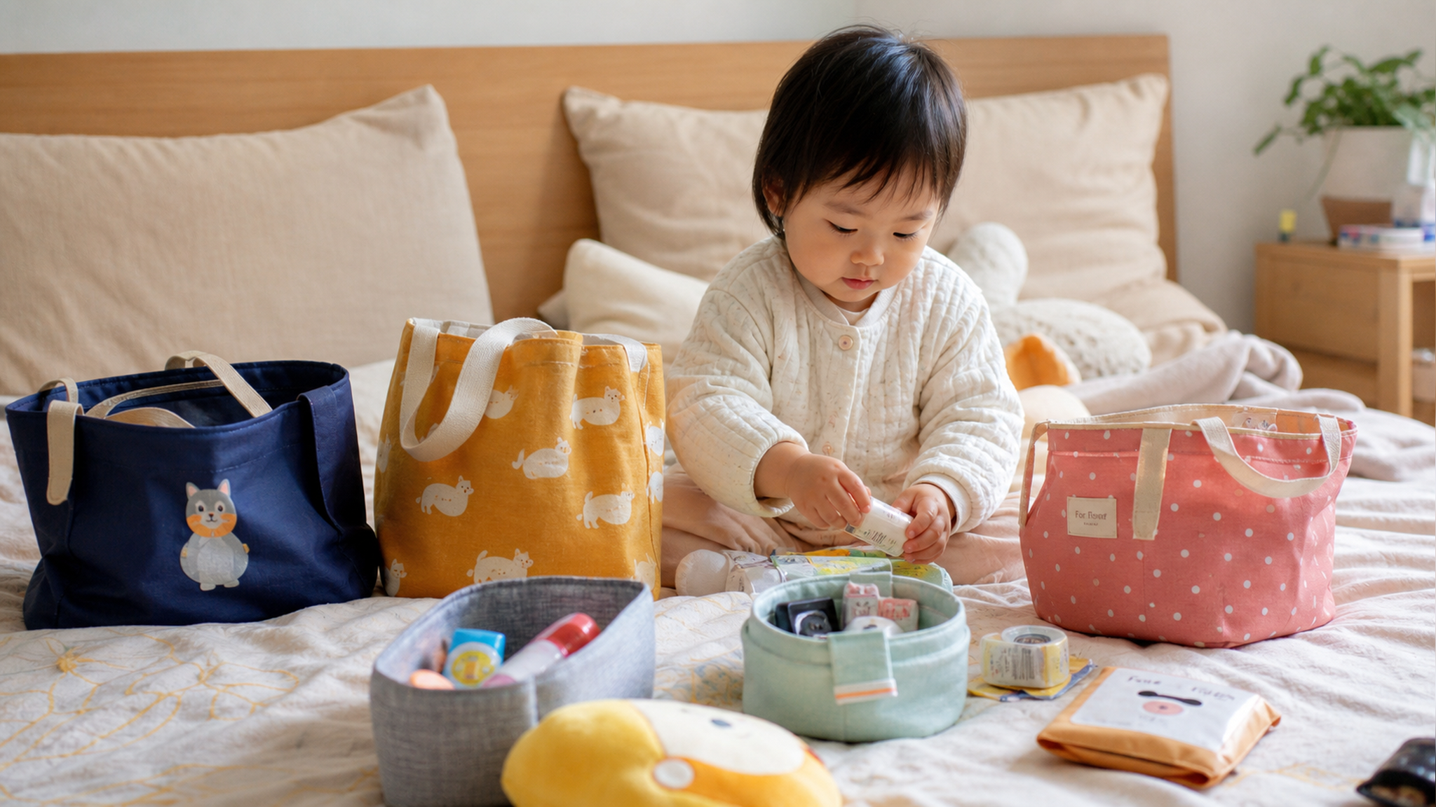 A cute 2-year-old Chinese toddler sitting on a coz