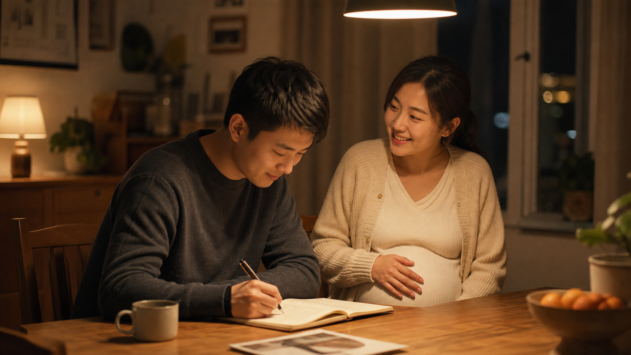 A warm and cozy indoor scene, a young Chinese coup