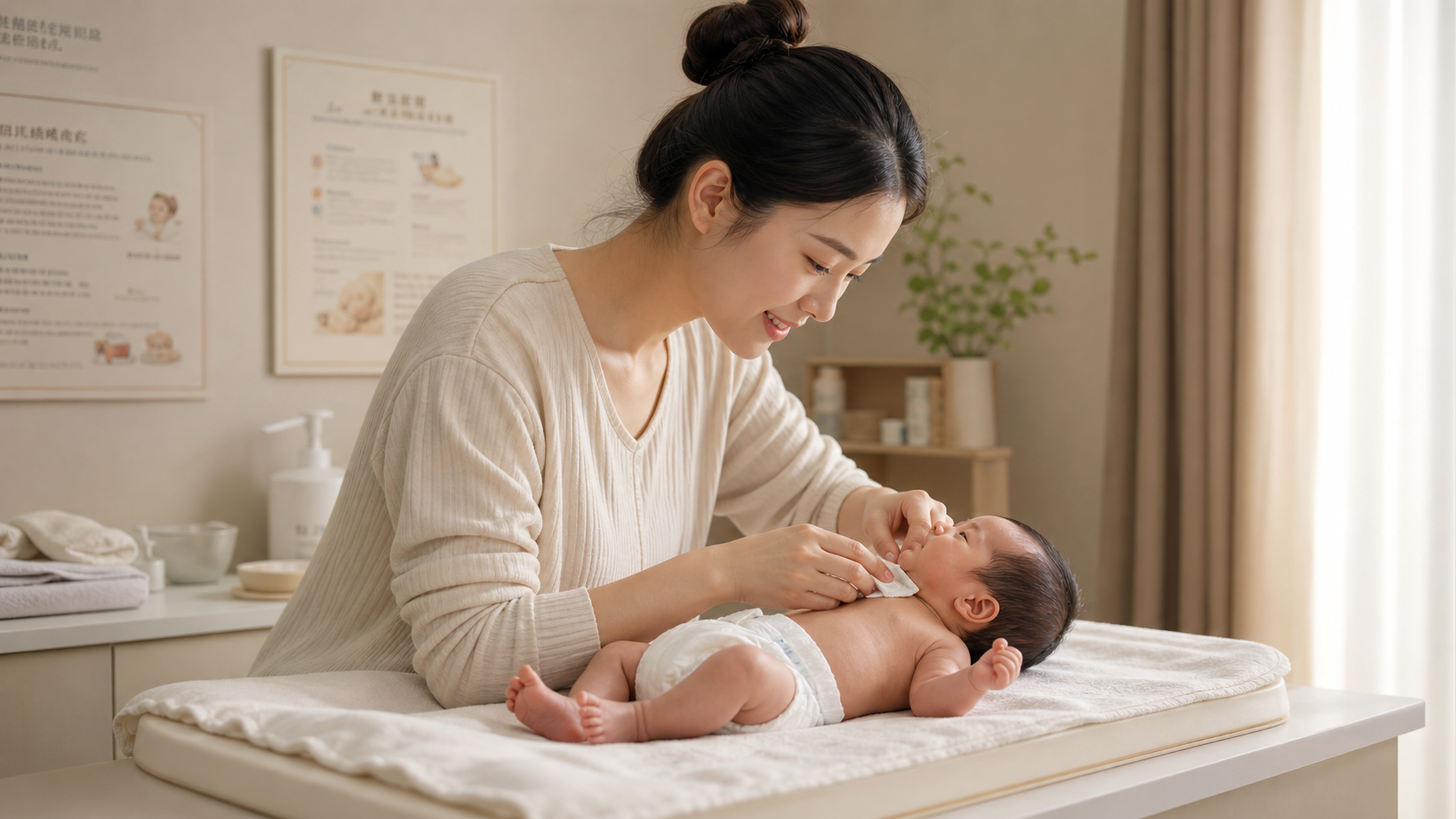 A warm and clean indoor scene, a young Chinese mot