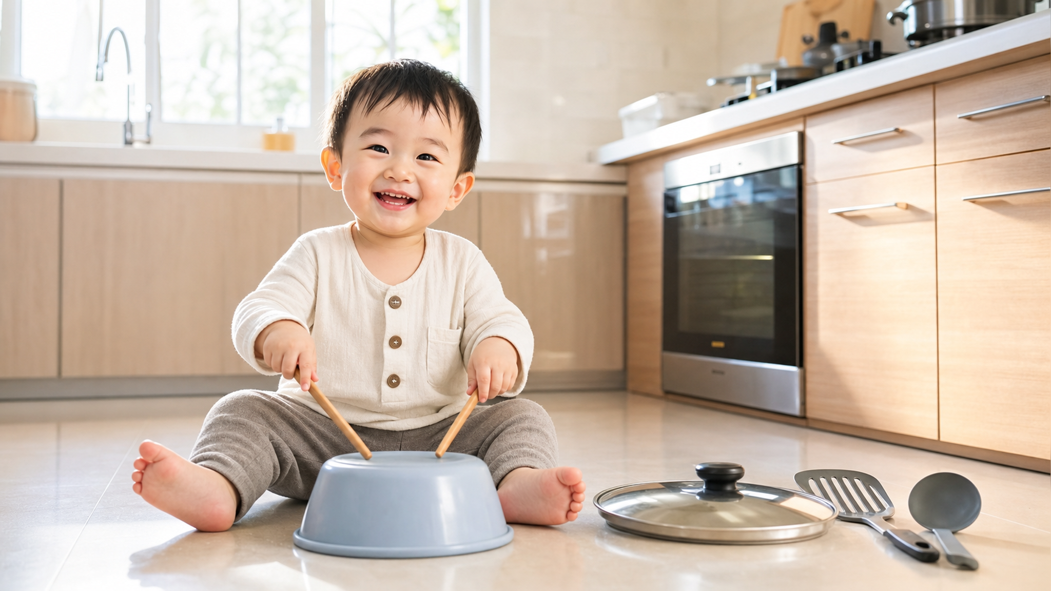A cute 2-year-old Chinese toddler sitting on a cle