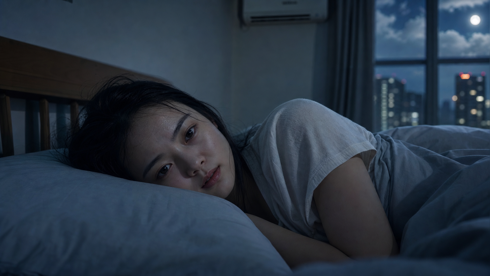 A cinematic shot of a young Chinese woman lying on