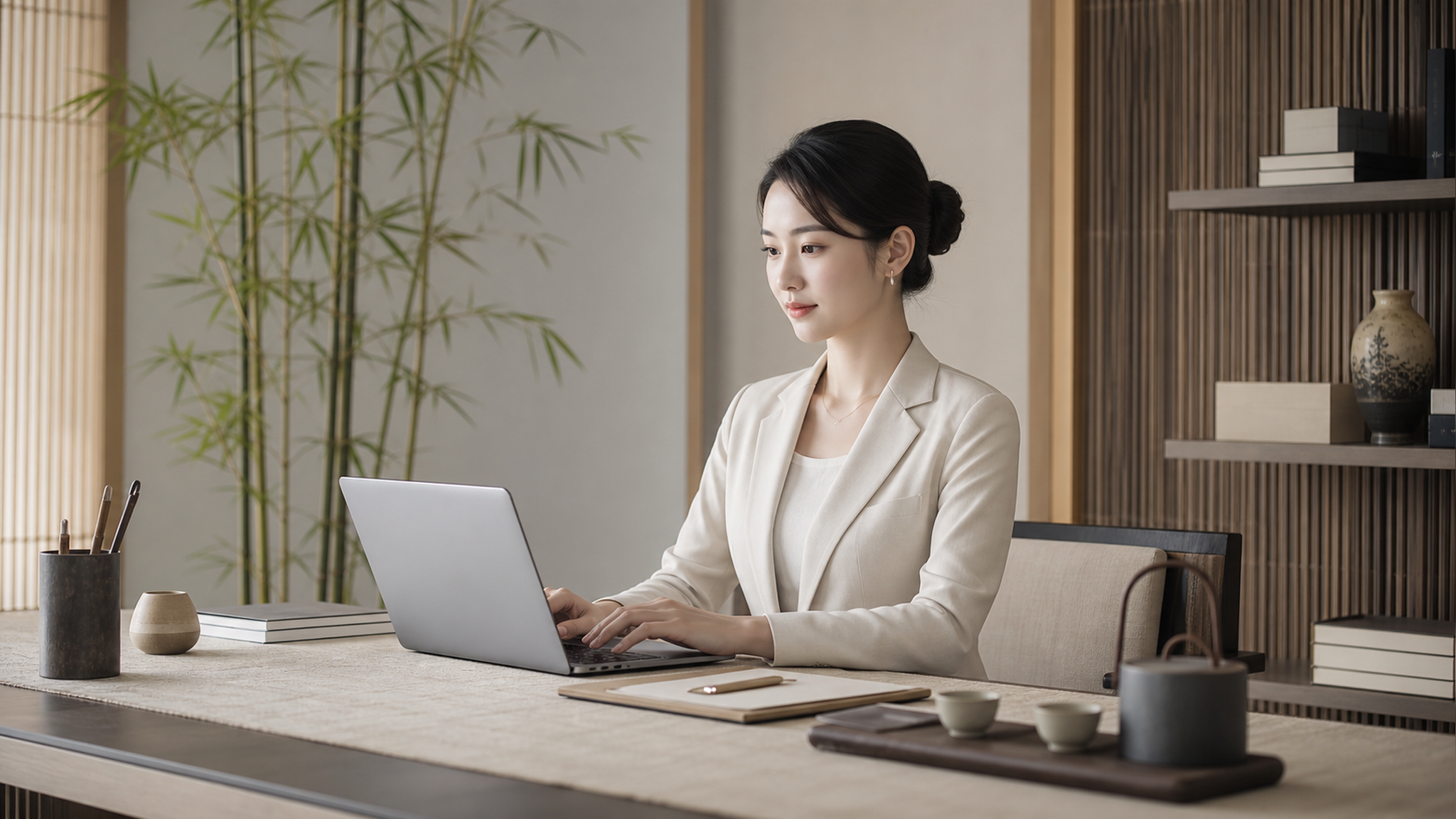 A modern Chinese young professional woman sitting 