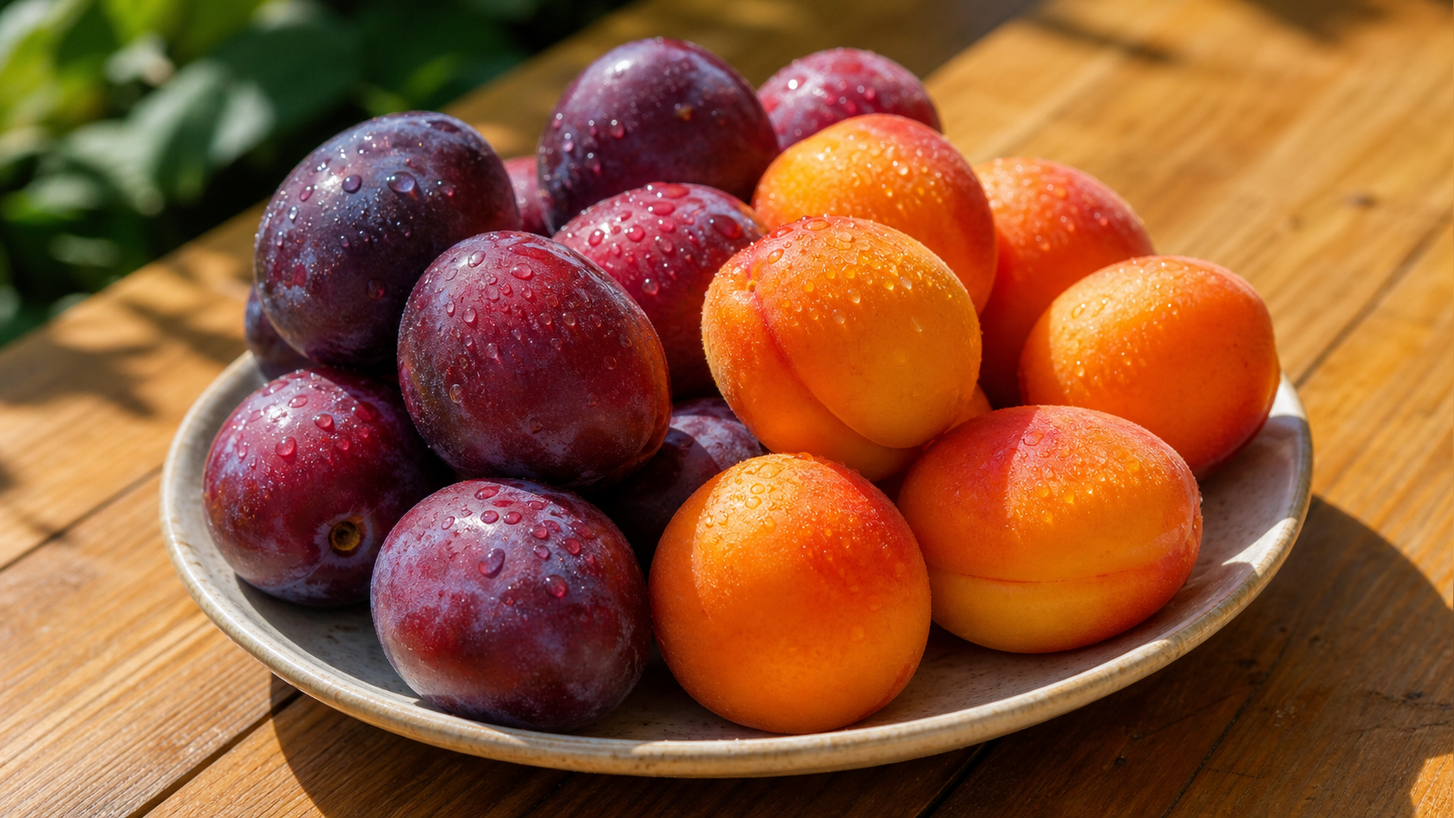 Close-up photo of fresh ripe plums and apricots wa