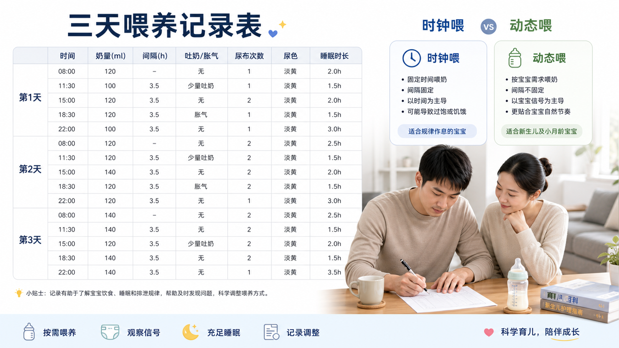 极简信息图风格，白色干净背景，浅灰网格表格，标题为“三天喂养记录表”，表格列包含：时间、奶量(ml)