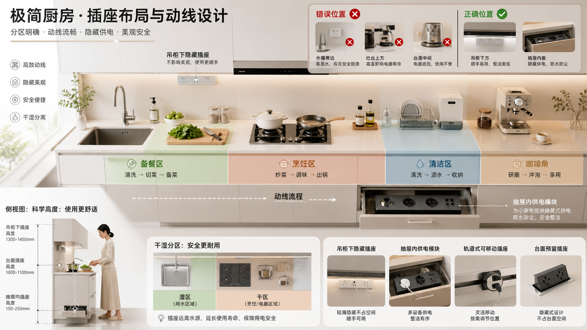 中国家庭极简厨房台面场景,俯视+侧视结合的信息图构图,台面分区标注(备餐区/烹饪区/清洁区/咖啡角)