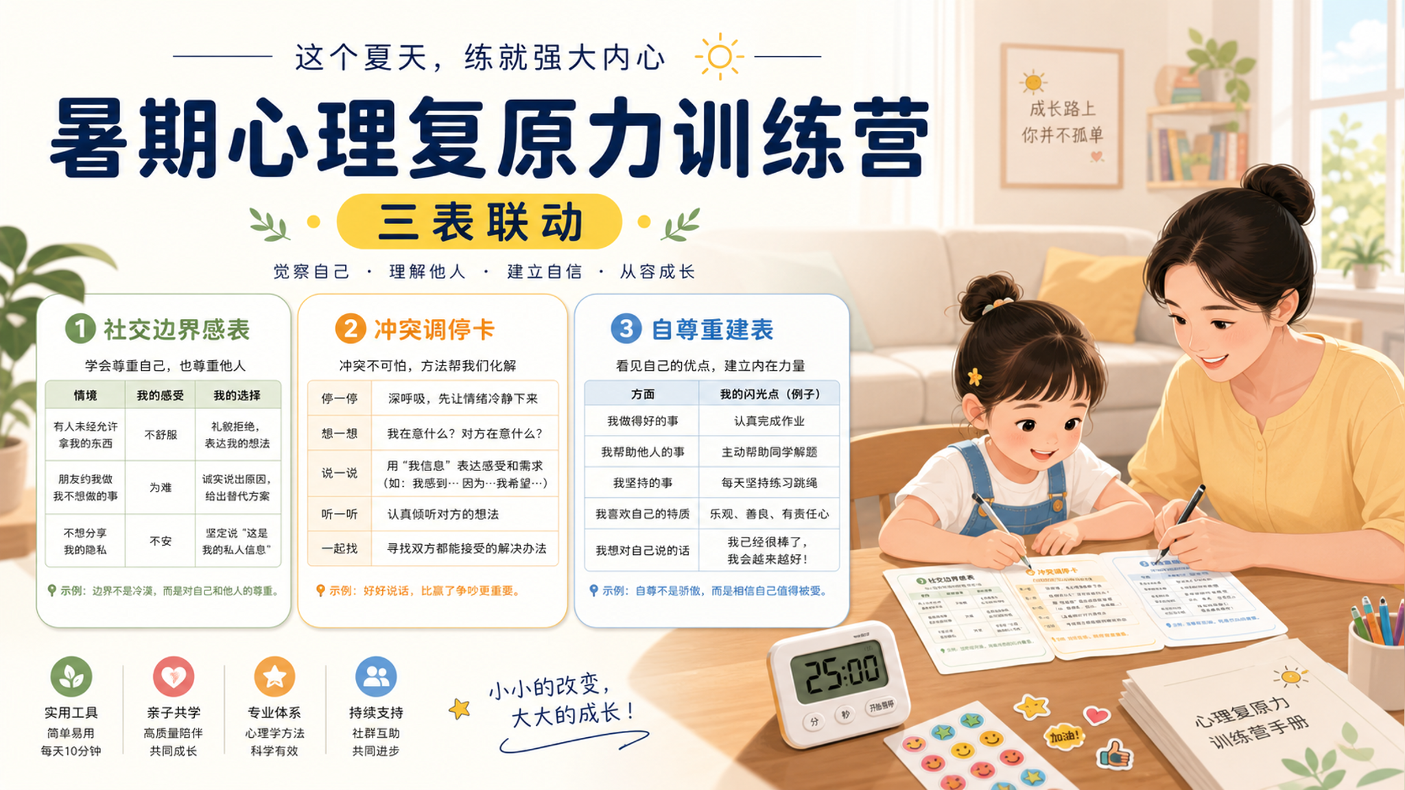 一张中文信息图海报风格的插画，主题“暑期心理复原力训练营 三表联动”，画面包含三张表格卡片：《社交边