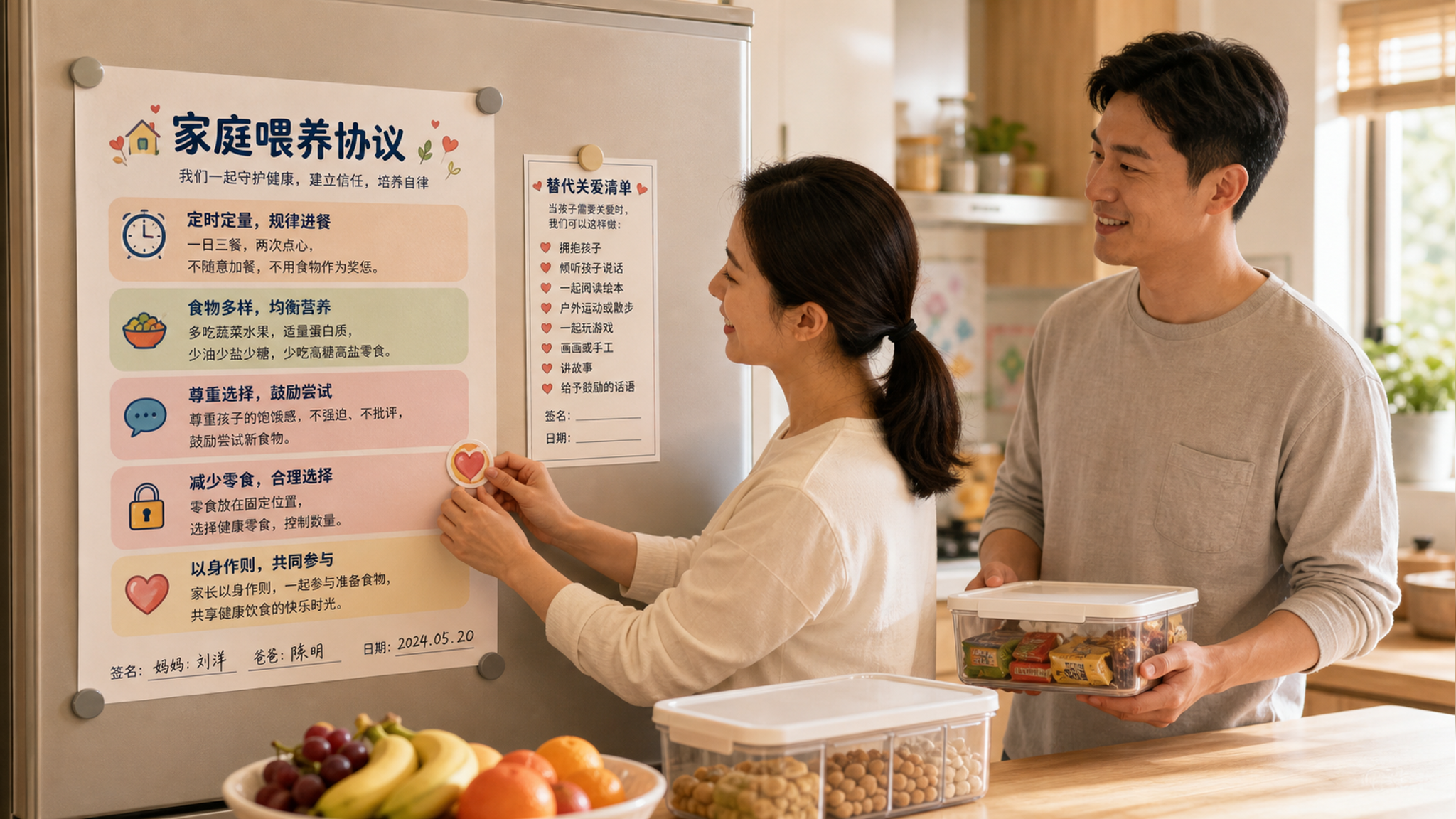 一张贴在冰箱门上的“家庭喂养协议”海报，旁边有“替代关爱清单”小卡片，带签名栏与日期栏；温暖明亮的中