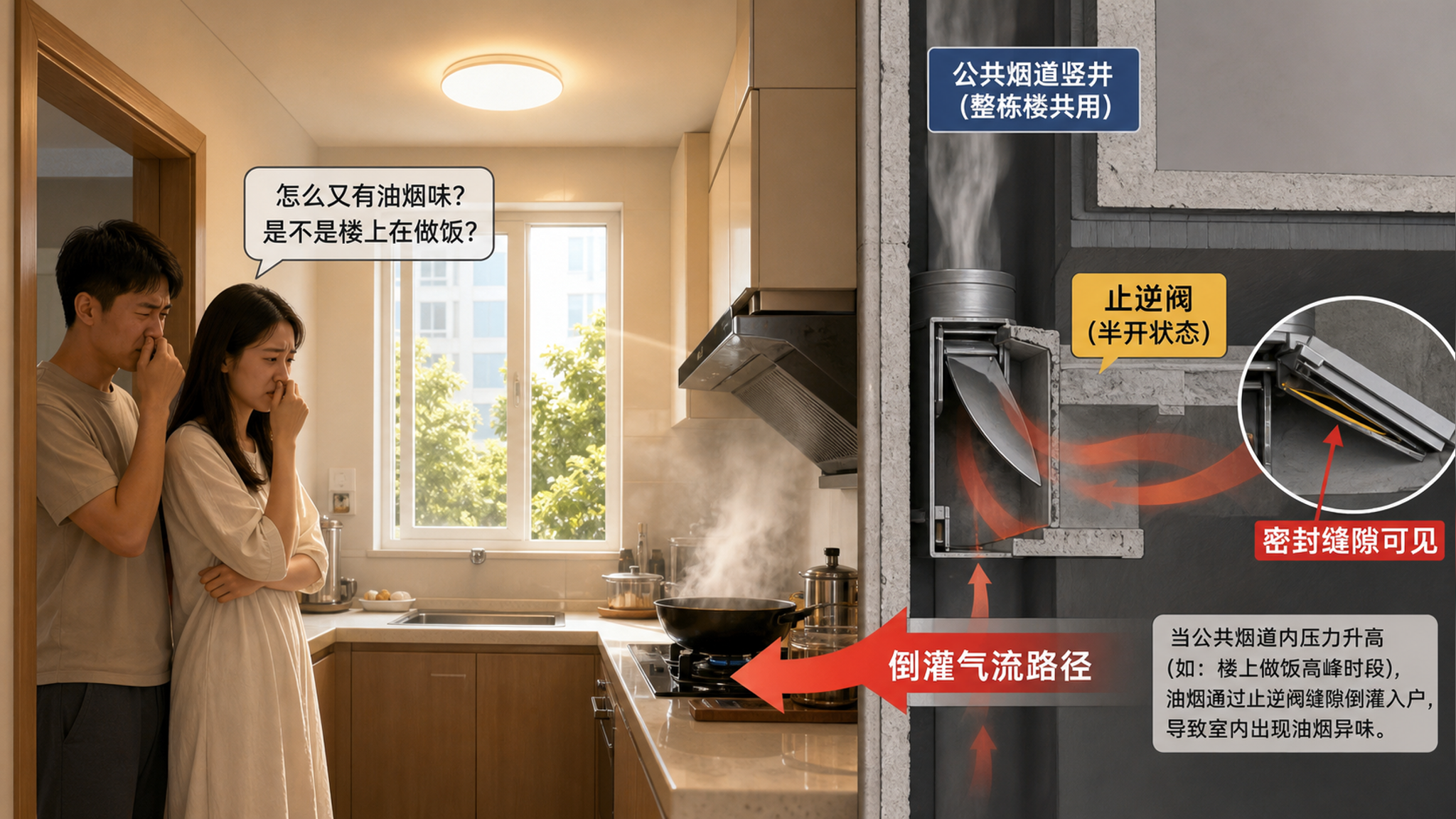 你家油烟味不是飘进来，是被烟道倒灌