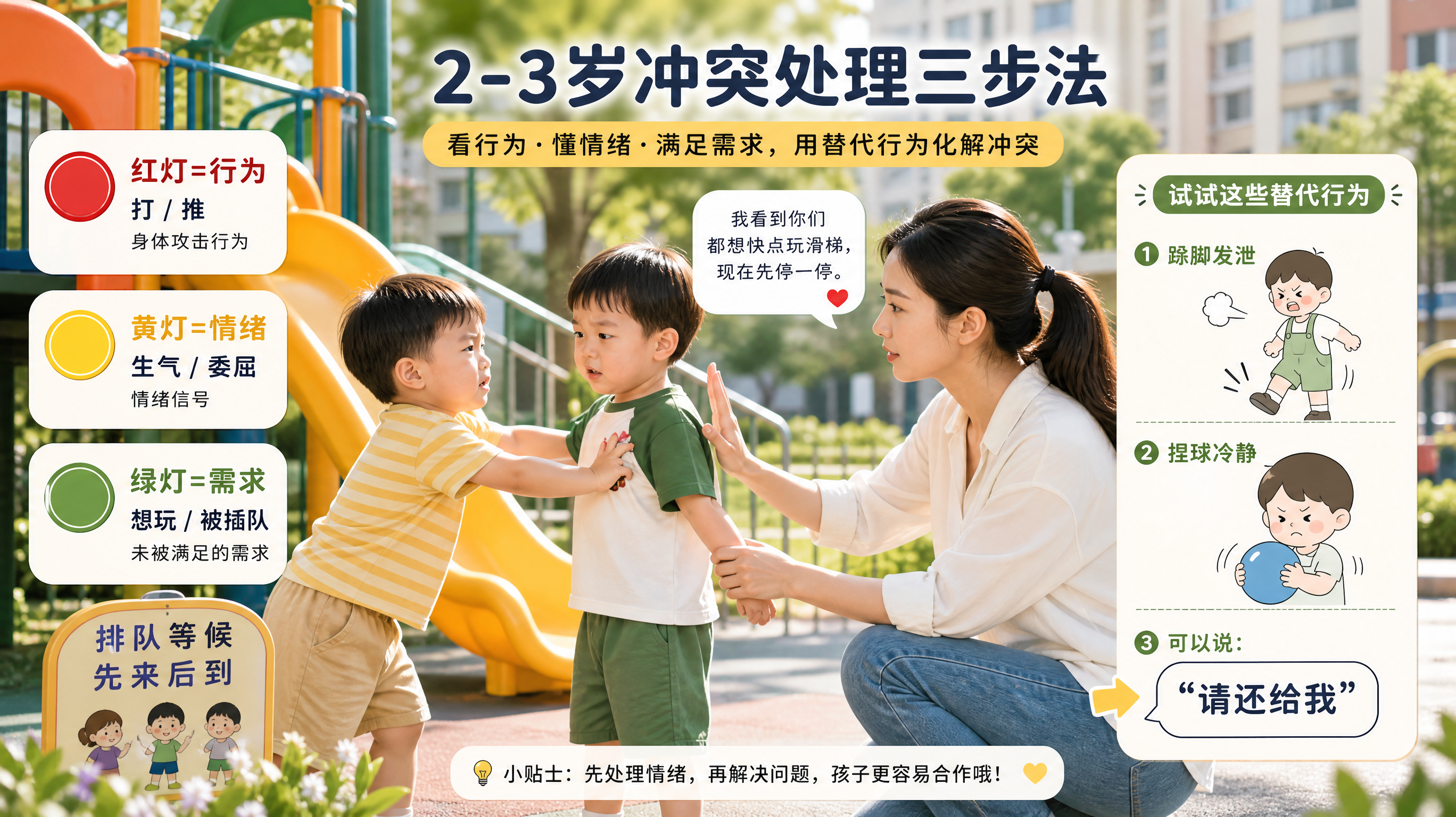 一张适合小红书育儿科普的插画风信息图，画面为中国家庭的户外小区游乐场场景，两个2-3岁中国幼儿在滑梯