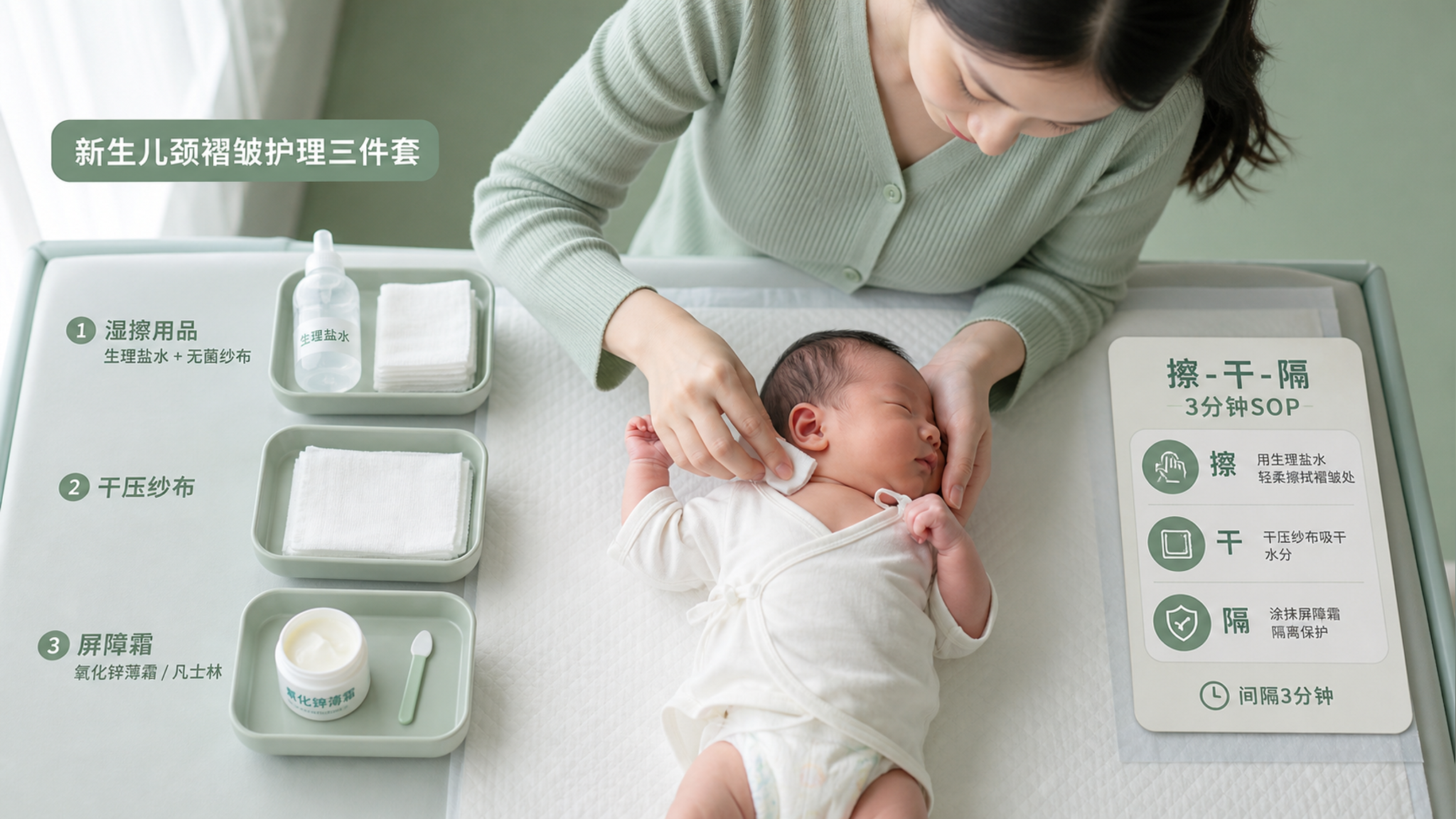 俯拍构图，中国新手妈妈在护理台进行新生儿颈褶皱护理，画面左侧整齐摆放三件套：湿擦用品(生理盐水+无菌