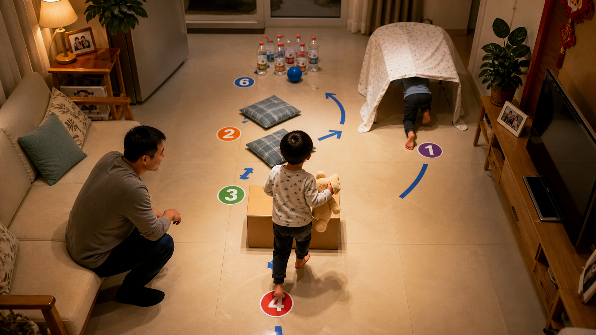 Top-down view, Chinese family living room at eveni