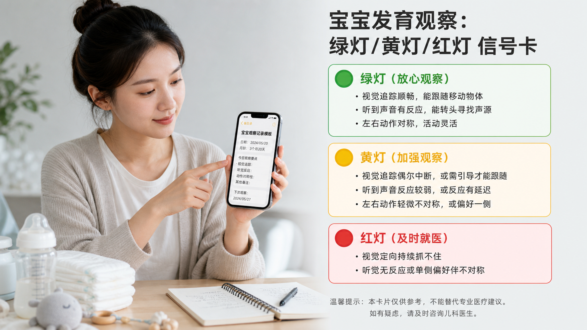 中国年轻妈妈在浅灰色临床风背景下，手持手机备忘录记录模板，旁边以简洁信息图形式展示“绿灯/黄灯/红灯