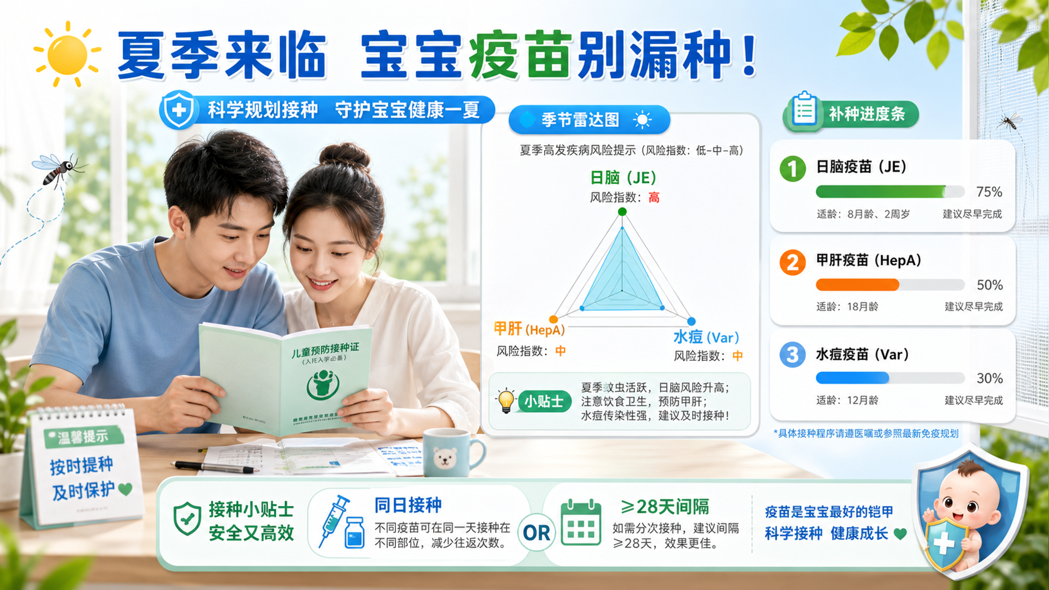 一张信息图风格海报，中文母婴科普主题，主体为中国年轻爸爸妈妈在桌前核对儿童接种证，旁边是“季节雷达图