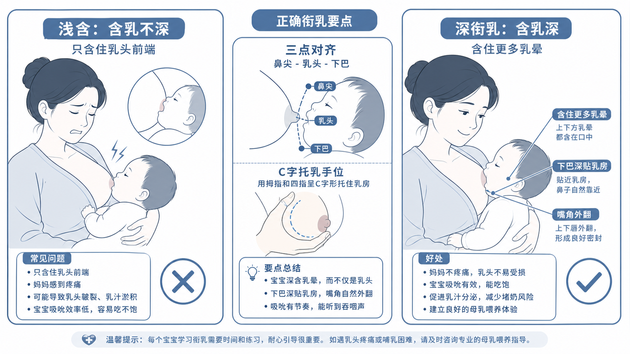 灰蓝医学风线稿插画，三联画对比：左侧“浅含”宝宝只含住乳头前端、妈妈表情疼痛；右侧“深衔乳”宝宝含住