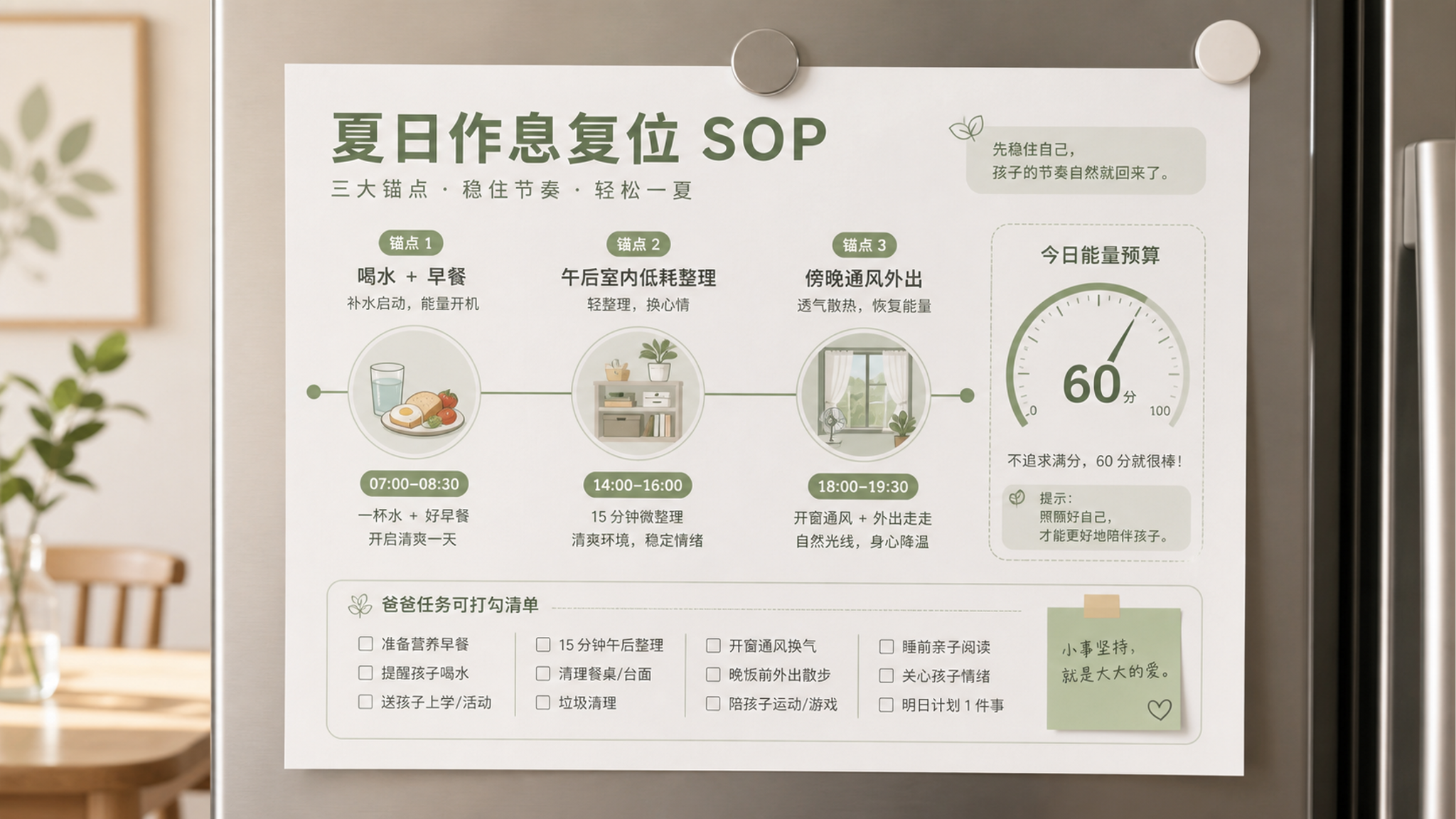 一张A4纸的“夏日作息复位SOP”时间轴海报，莫兰迪绿与浅灰极简排版，包含三个锚点图标（喝水早餐、午
