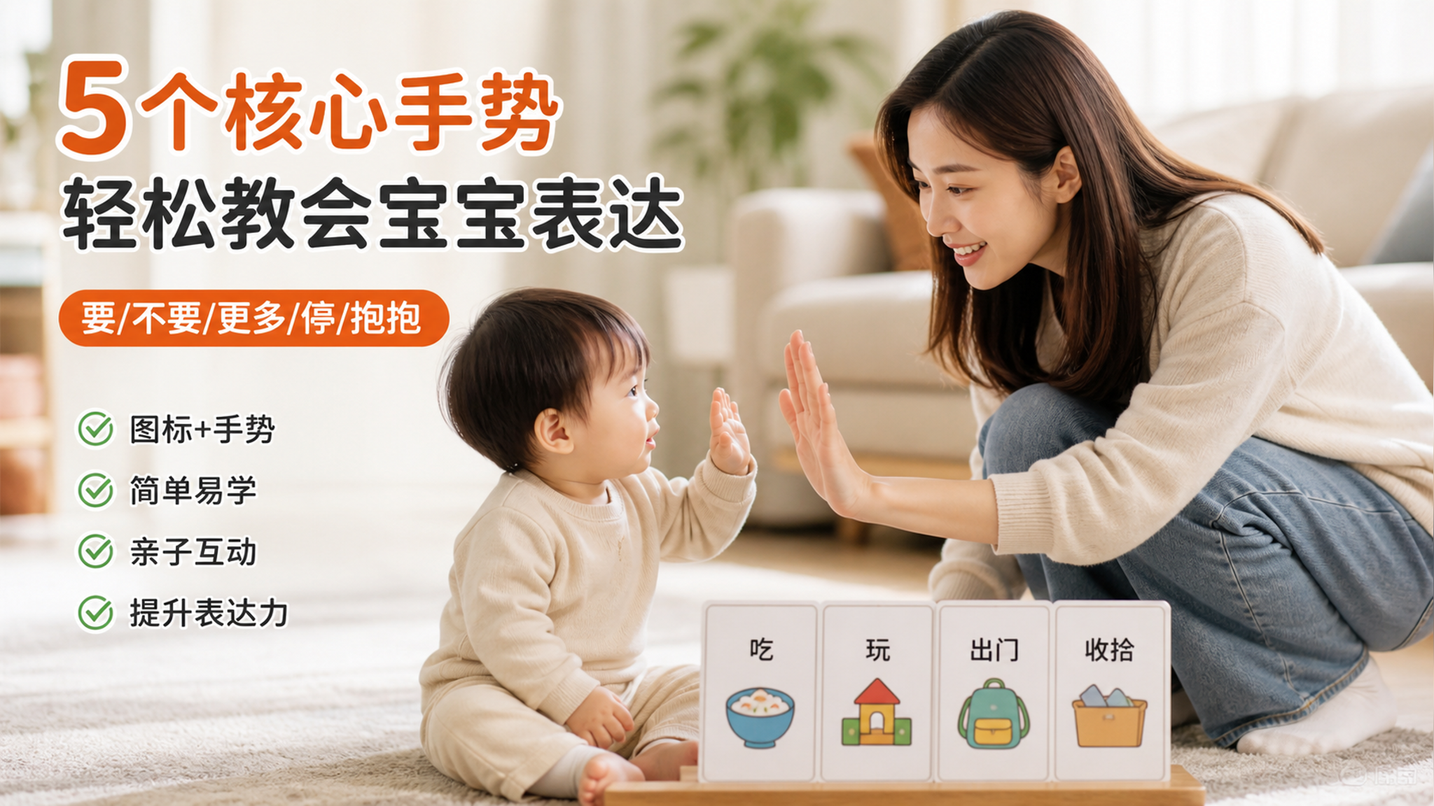 中国家庭客厅场景,年轻中国妈妈蹲下与1-2岁中国宝宝对视互动,妈妈做“要/不要/更多/停/抱抱”五种