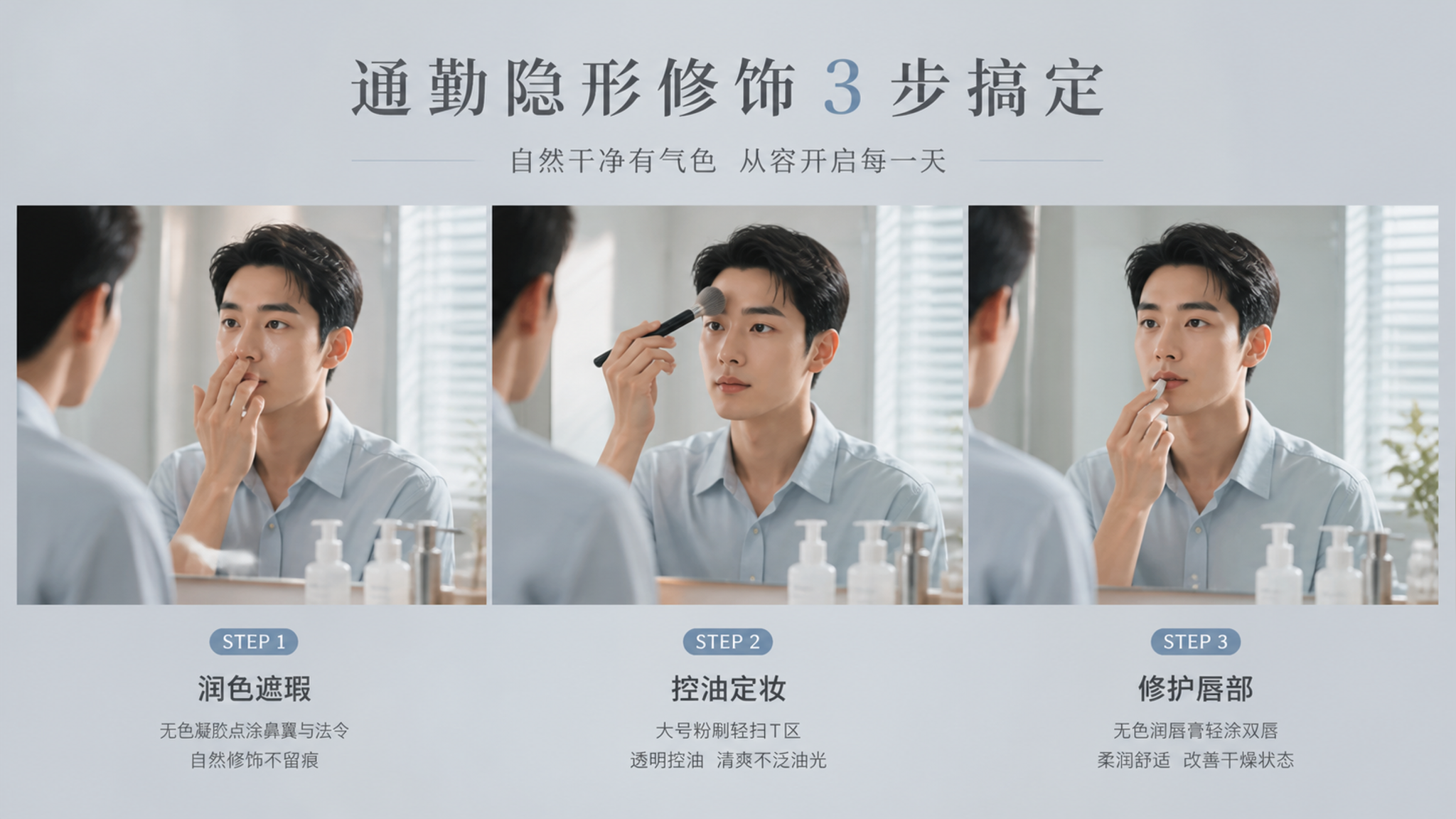 极简清爽风格的竖版海报插画/写实结合，中国年轻男士在洗手台镜子前做通勤隐形修饰，画面分为三步：涂抹无