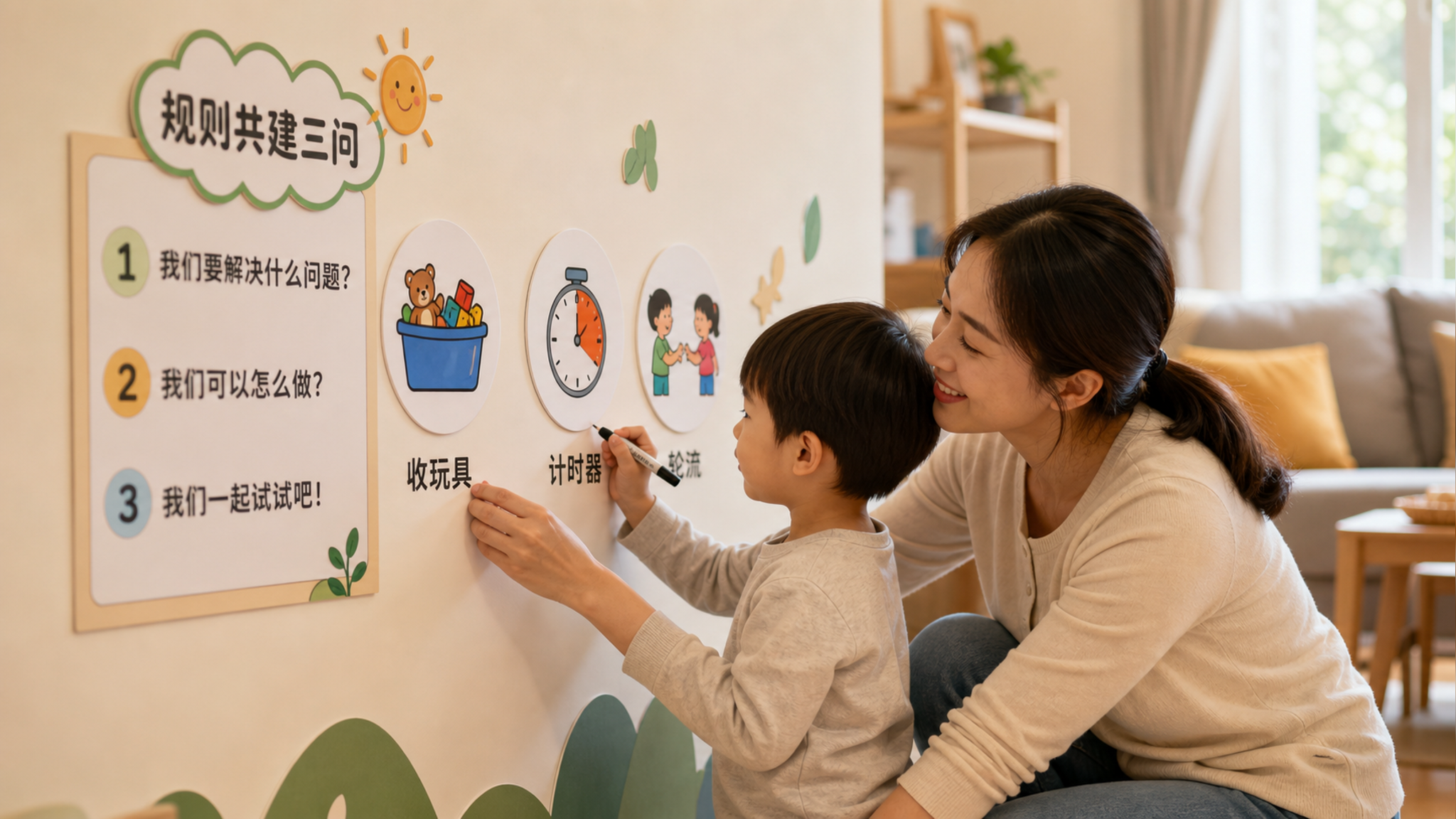 中国家庭客厅场景，温暖自然光，墙上贴着幼儿园环创风格的“规则共建三问”模板卡与图标墙贴（收玩具、计时