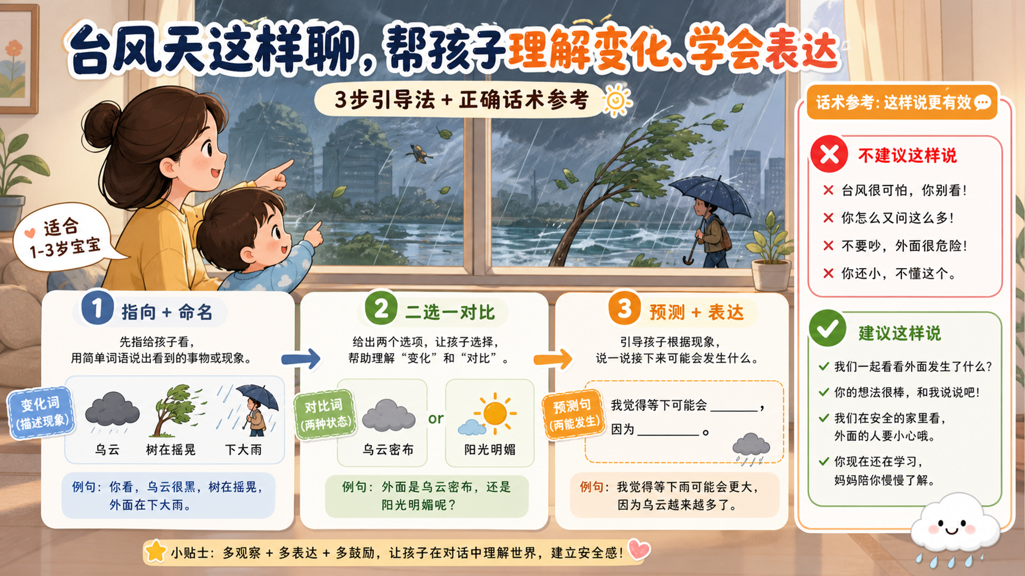 漫画风信息图，室内窗边场景，中国年轻妈妈与1-3岁幼儿一起看窗外台风天，窗外有乌云、摇晃的树、行人雨