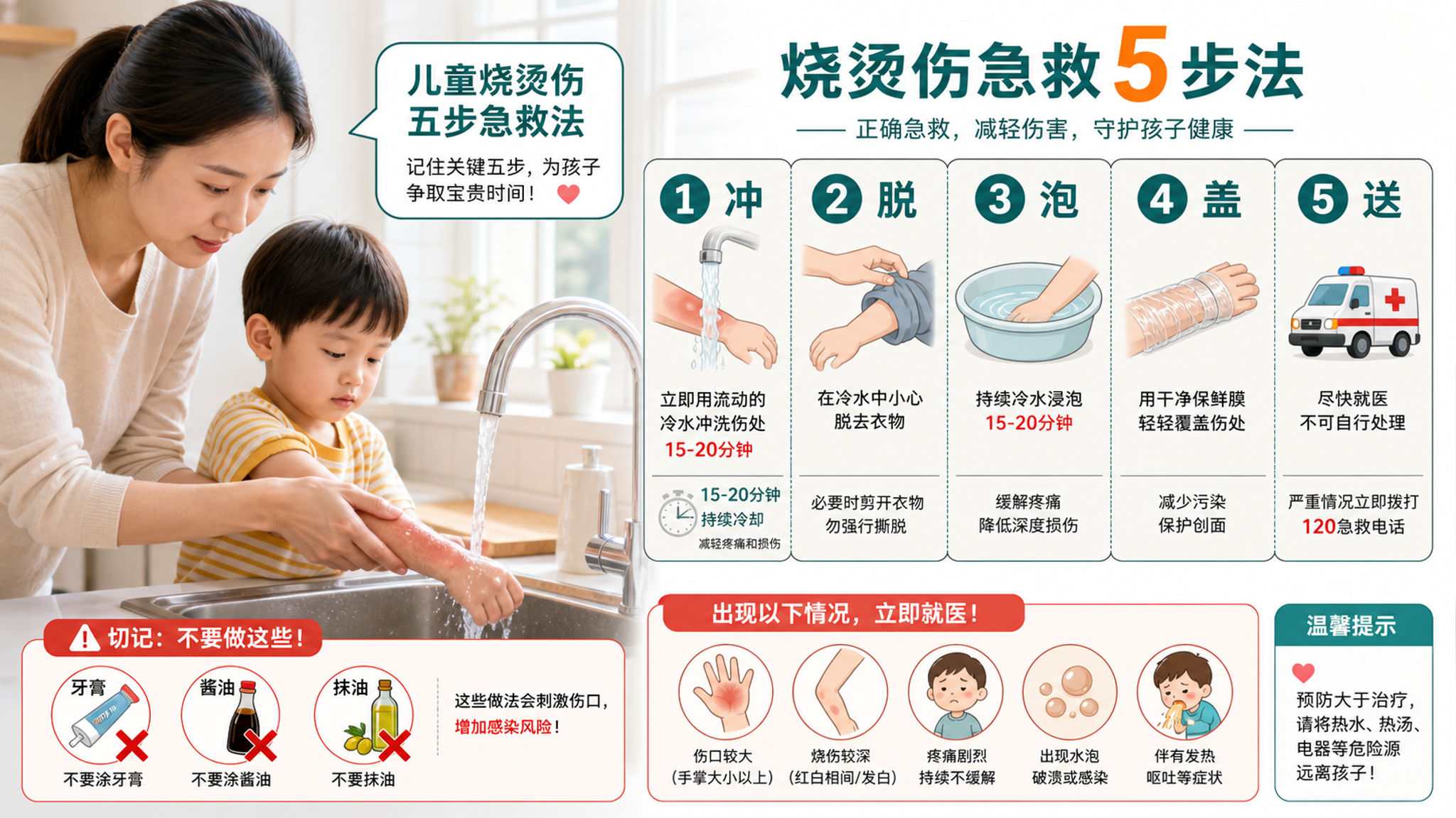 一张信息图海报风格的配图,中国家庭厨房背景,年轻中国妈妈/爸爸在水龙头下为幼儿手臂进行流动冷水冲洗急