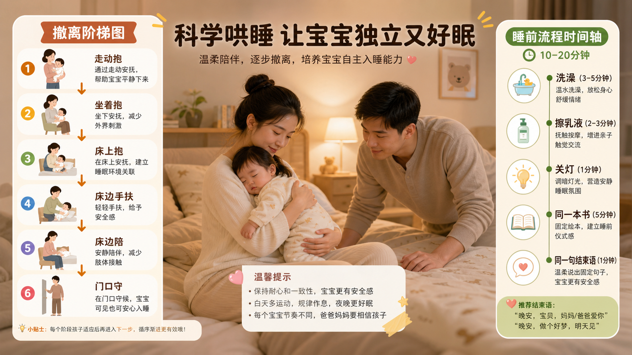 一张温暖写实的育儿科普插画信息图，主体为中国年轻妈妈与中国爸爸在卧室哄睡婴幼儿的场景，画面左侧是“撤