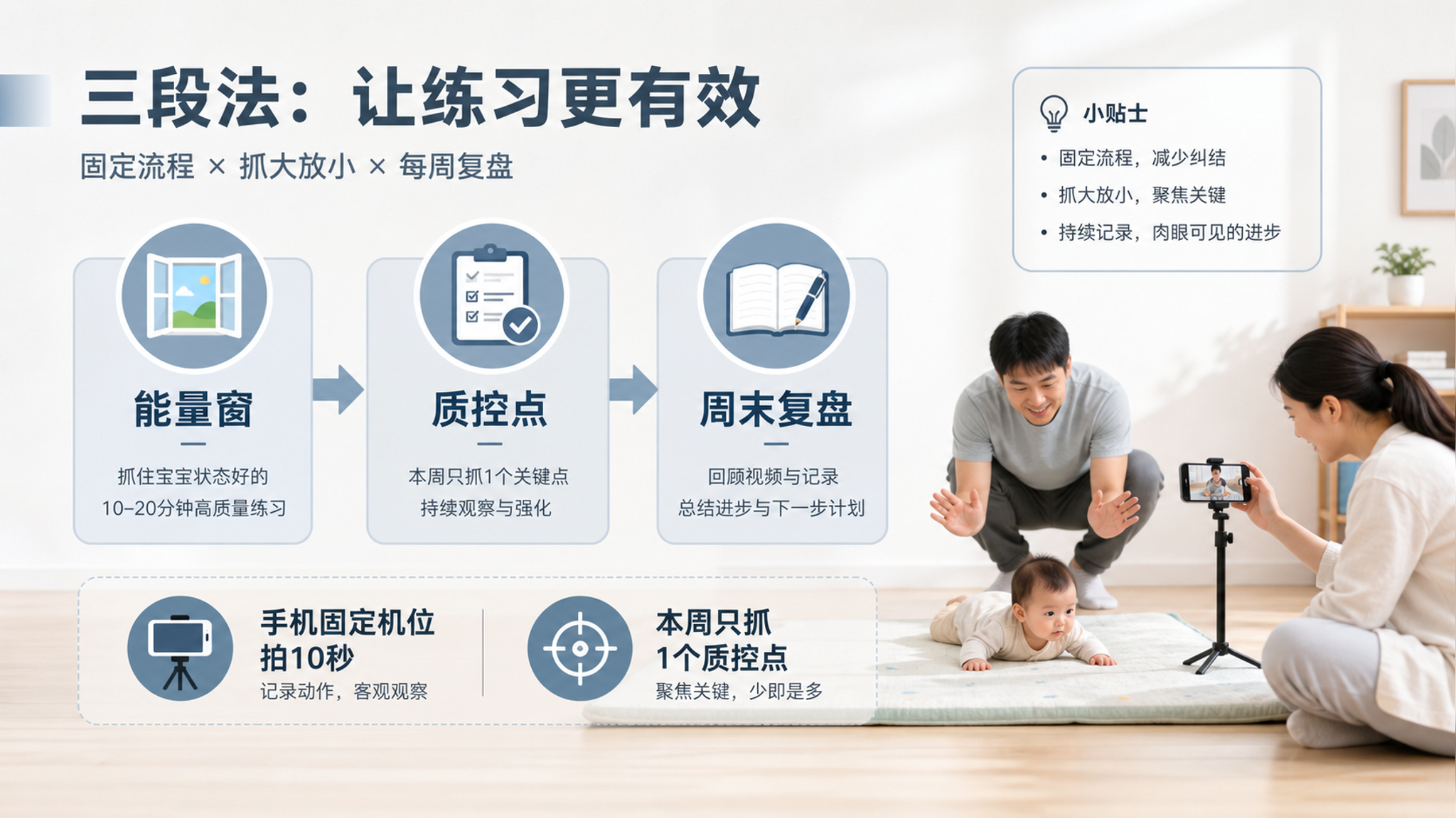 一张极简信息图海报,原木桌面背景与灰蓝配色,画面中央是“三段法”流程图:能量窗→质控点→周末复盘,旁