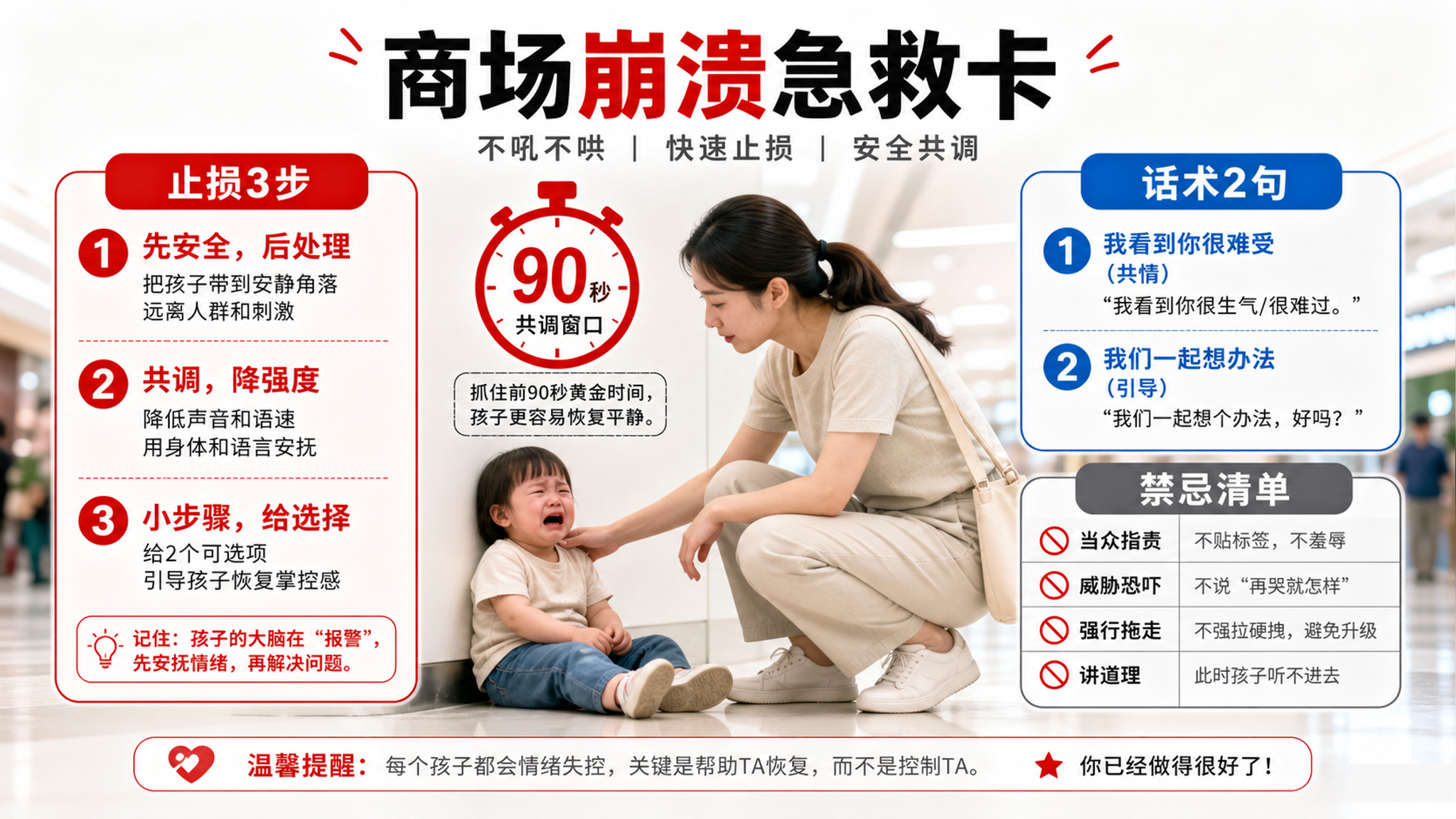 一张信息图海报，中文流程图风格，像急诊分诊卡，红色模块标题“止损3步”，蓝色模块标题“话术2句”，灰