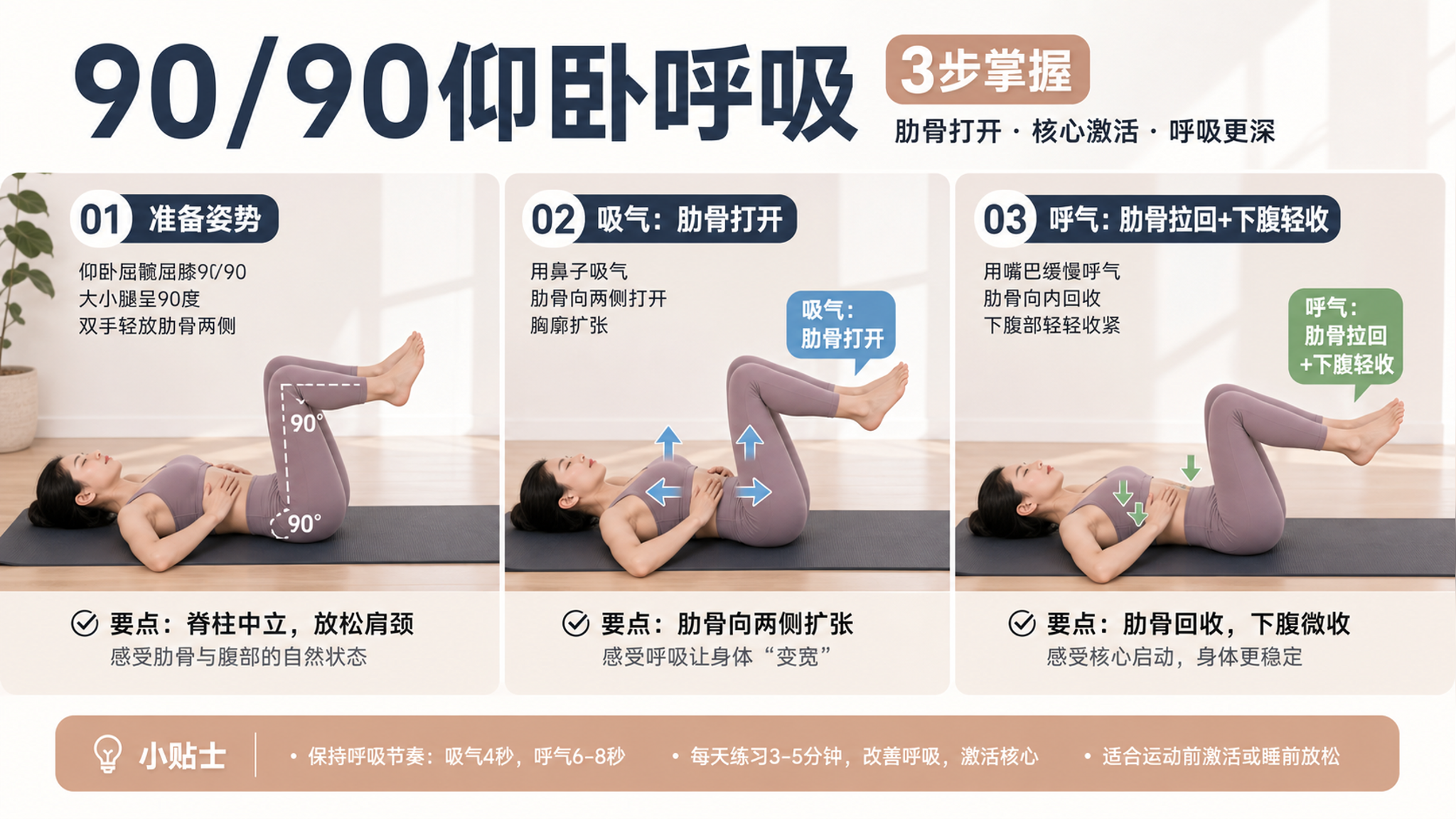 一张干货课程风的信息图海报,三分镜:90/90仰卧呼吸步骤示意(肋骨打开与回收、下腹轻收),旁边小字