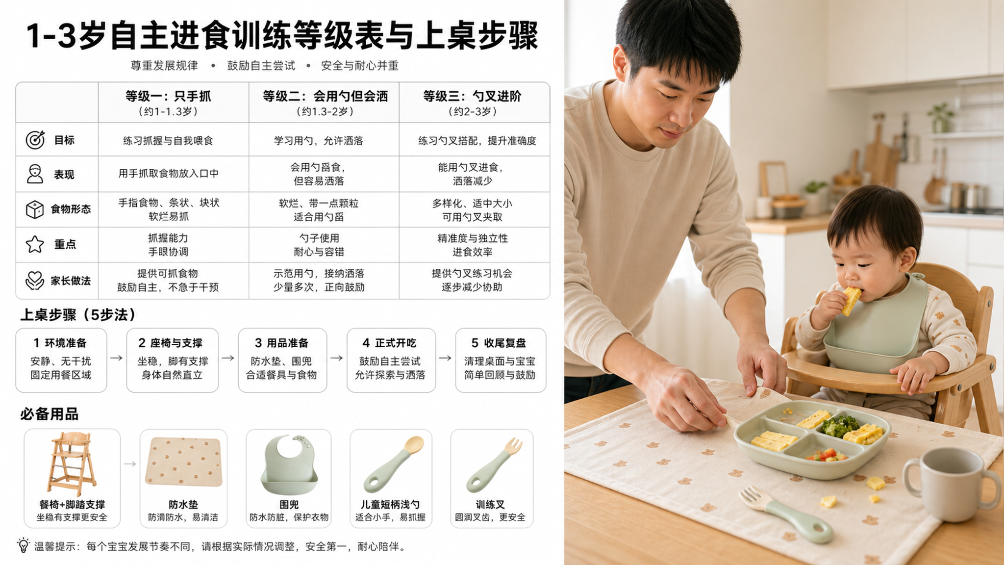 一张信息图风格配图，极简黑字排版，白色背景，主题为“1-3岁自主进食训练等级表与上桌步骤”，包含三栏