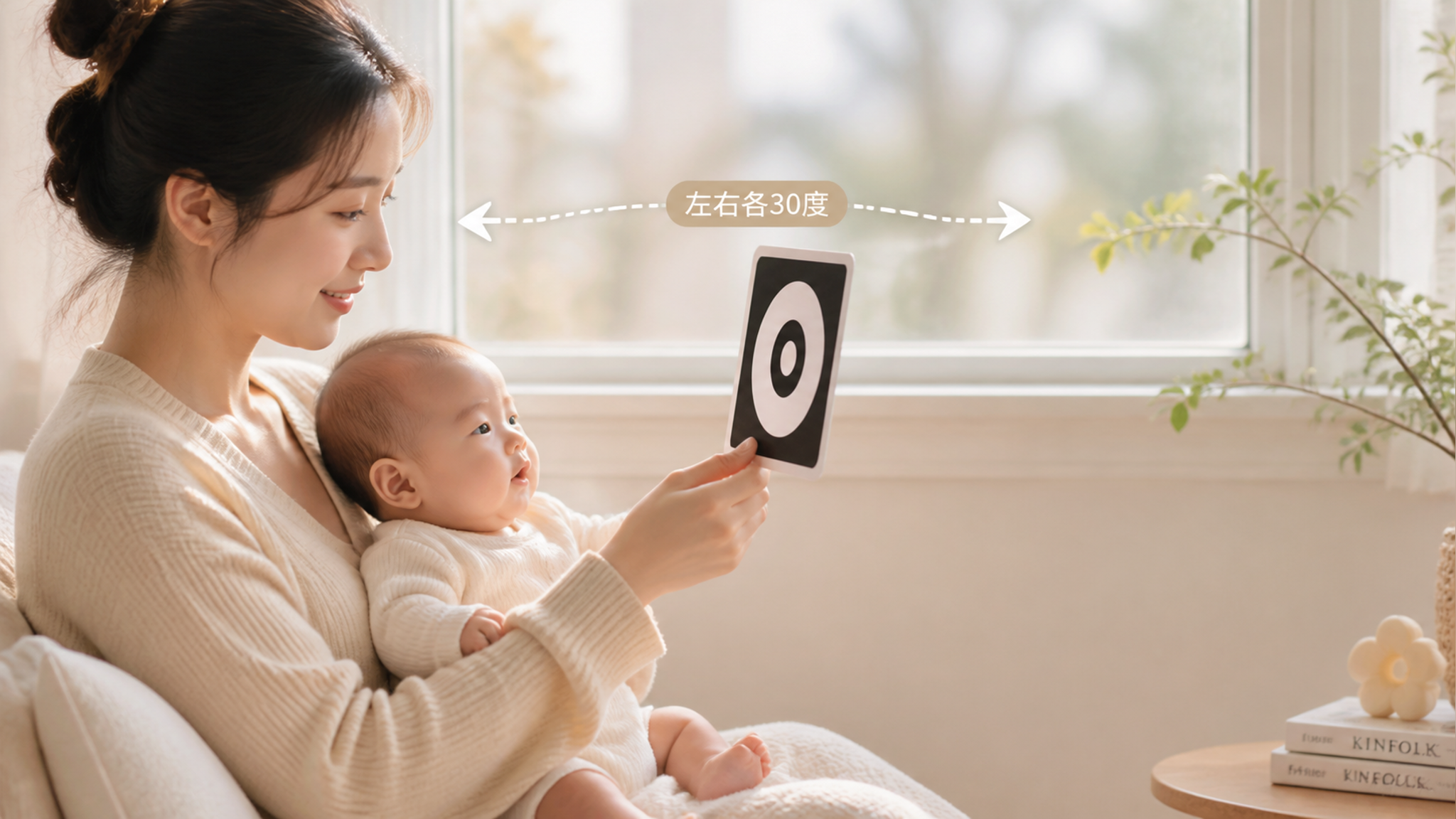 清晨室内窗边自然柔光场景,中国年轻妈妈抱着0-3个月婴儿坐在窗旁,妈妈手持黑白高对比卡片在宝宝视线前