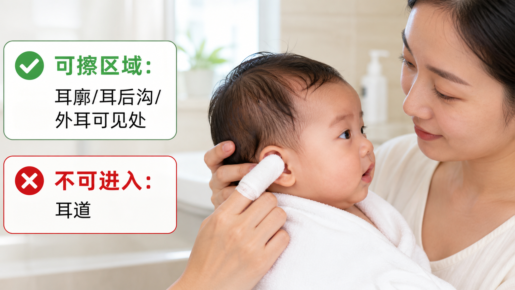 近景写实摄影风格,一位中国年轻妈妈在浴后用柔软白色纱布包住食指,轻轻擦拭中国婴儿的耳廓与耳后沟,画面