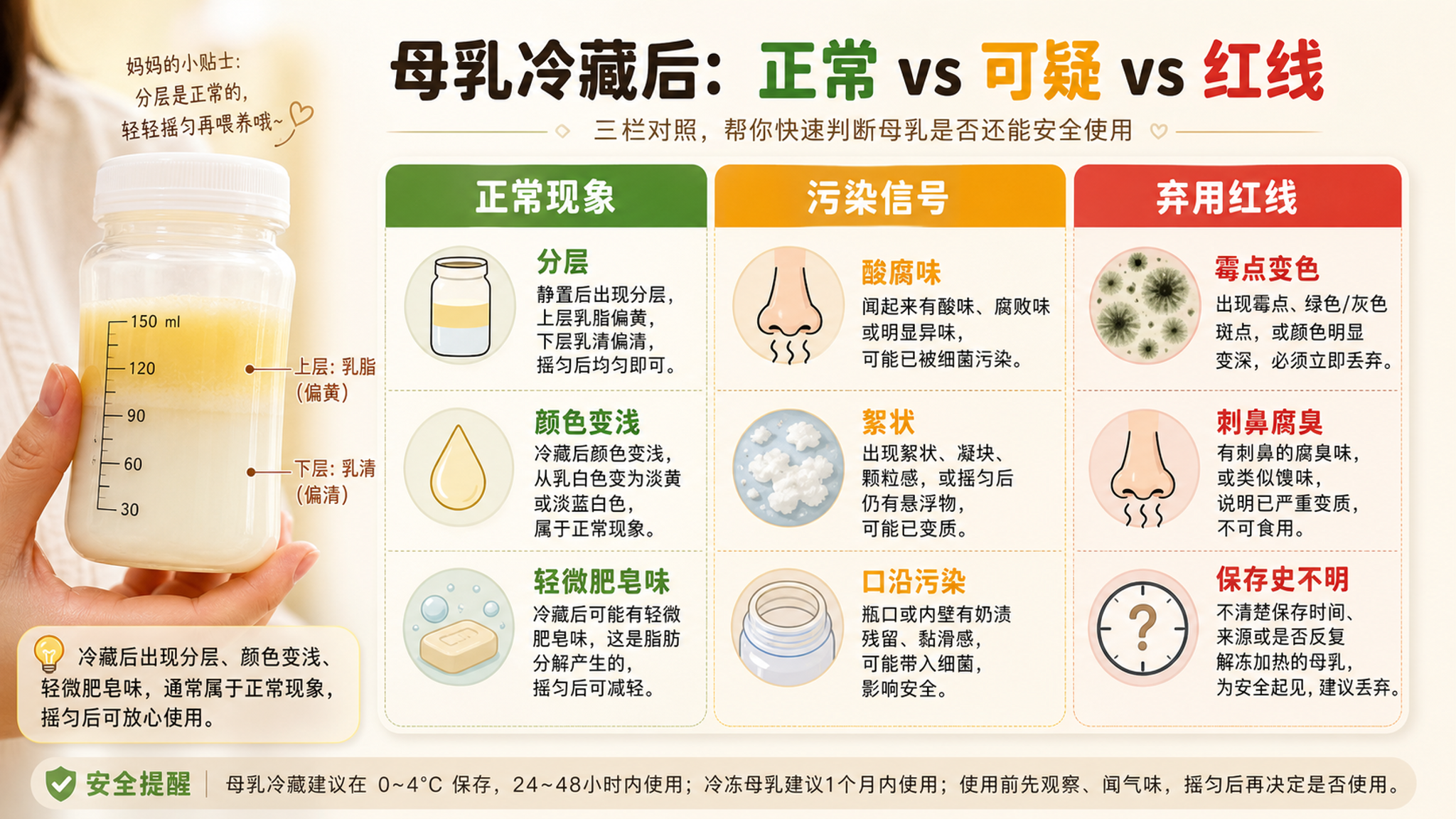 一张中文信息图海报,主题“母乳冷藏后:正常 vs 可疑 vs 红线”,三栏对照表格设计;左栏“正常现