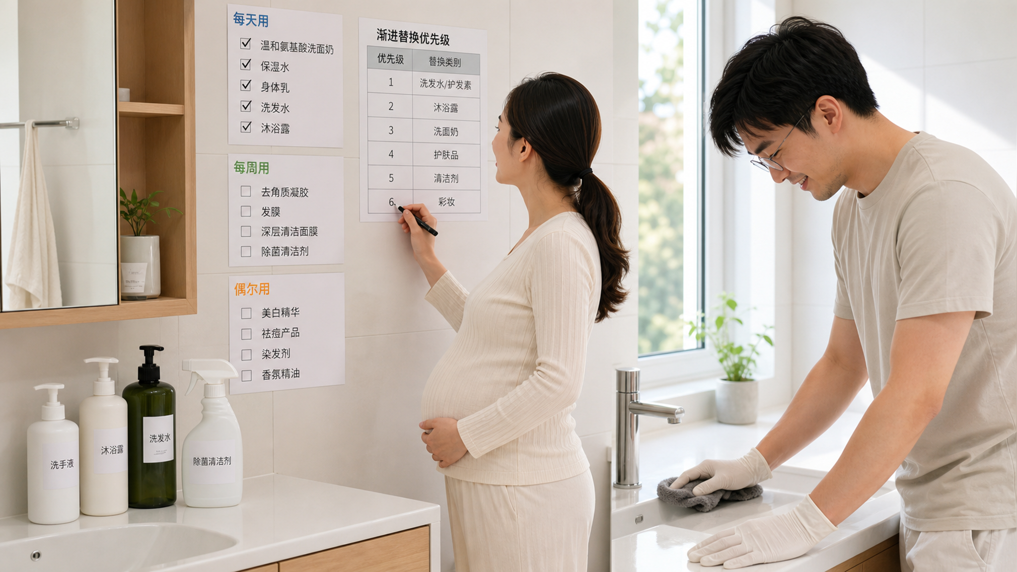 中国家庭浴室场景，干净明亮的白色与浅木色极简风收纳，台面上摆放少量洗发水沐浴露与清洁剂，墙上贴着“每