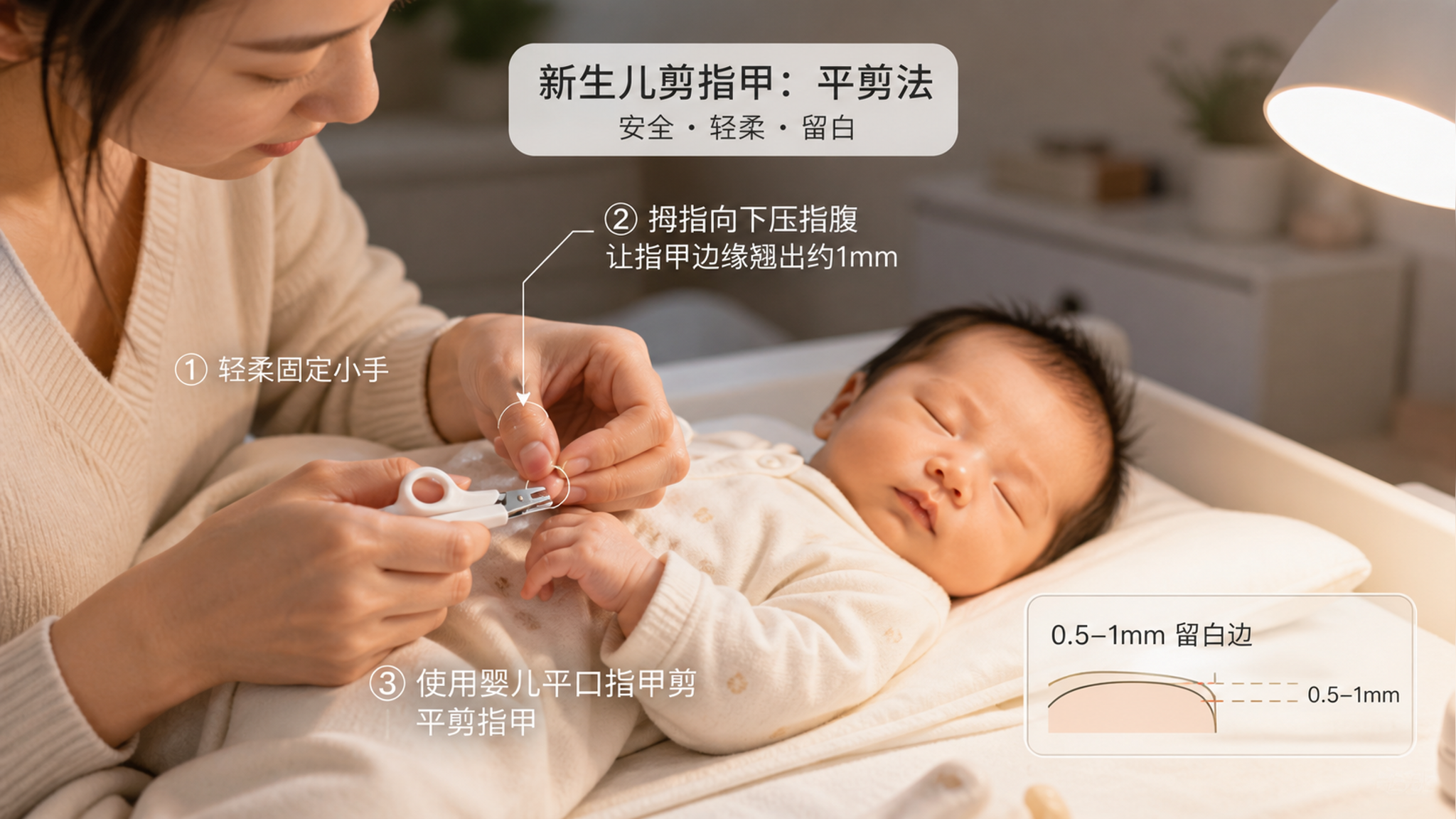 中国年轻妈妈在卧室护理台前给新生儿剪指甲的特写画面，宝宝处于深睡状态，小手被轻柔固定，妈妈用拇指向下