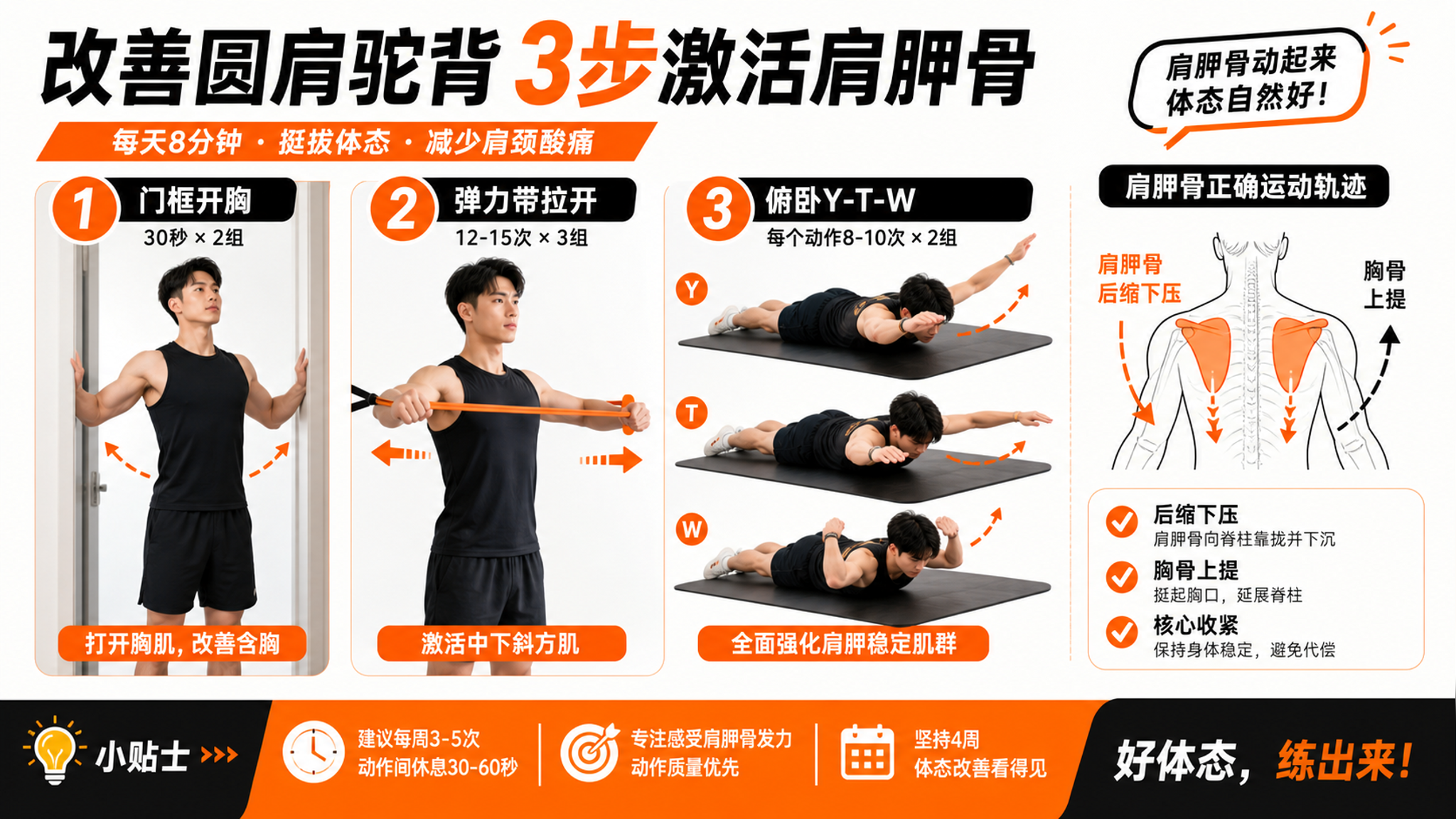 中国年轻女性或男性(可中性健身风),明亮室内健身角落,主画面示范“门框开胸+弹力带拉开+俯卧Y-T-