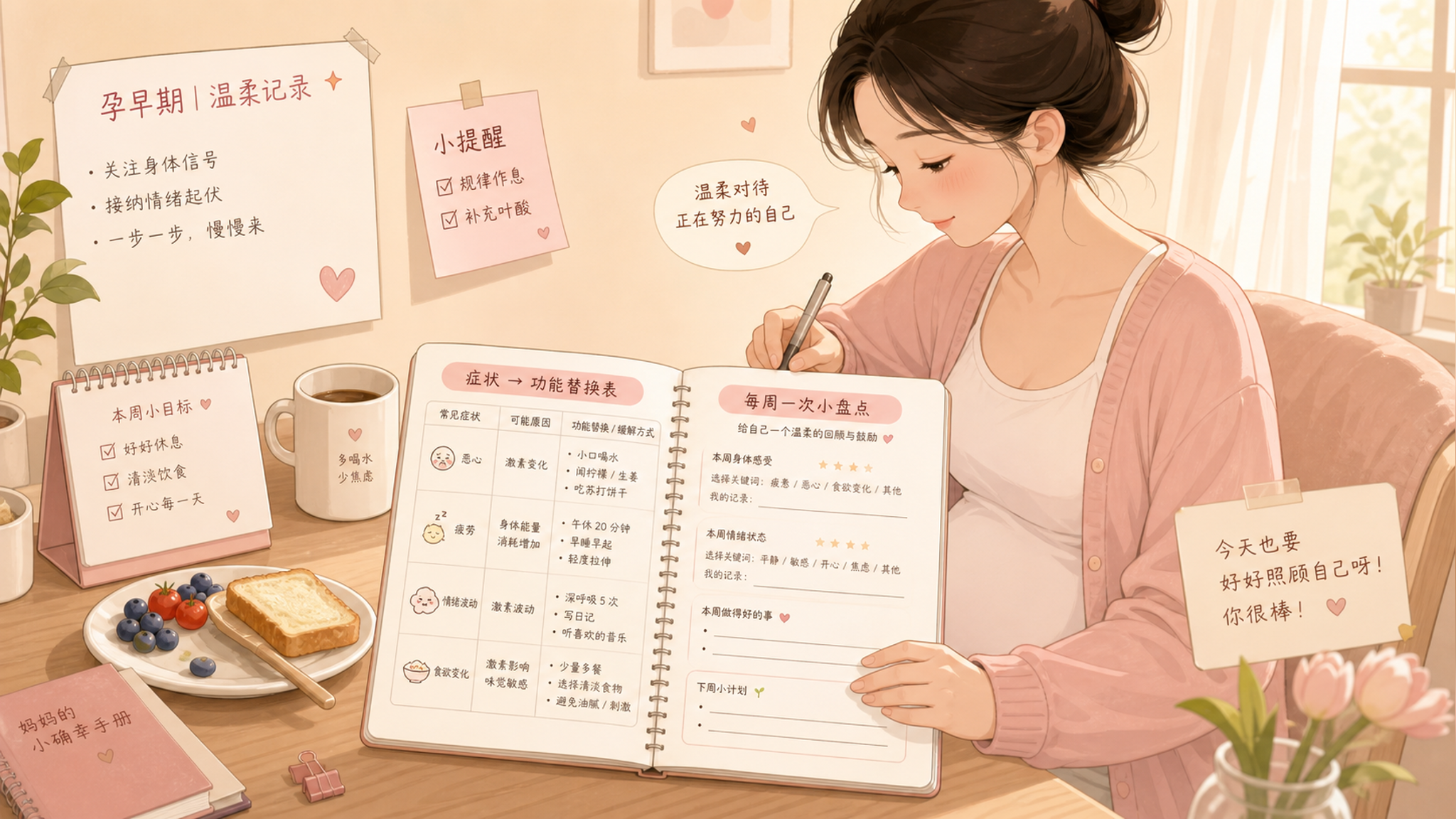 治愈系扁平插画风格，室内温暖柔光，画面主体为一位中国孕早期女性坐在书桌前做手帐记录，旁边摆放水杯、简