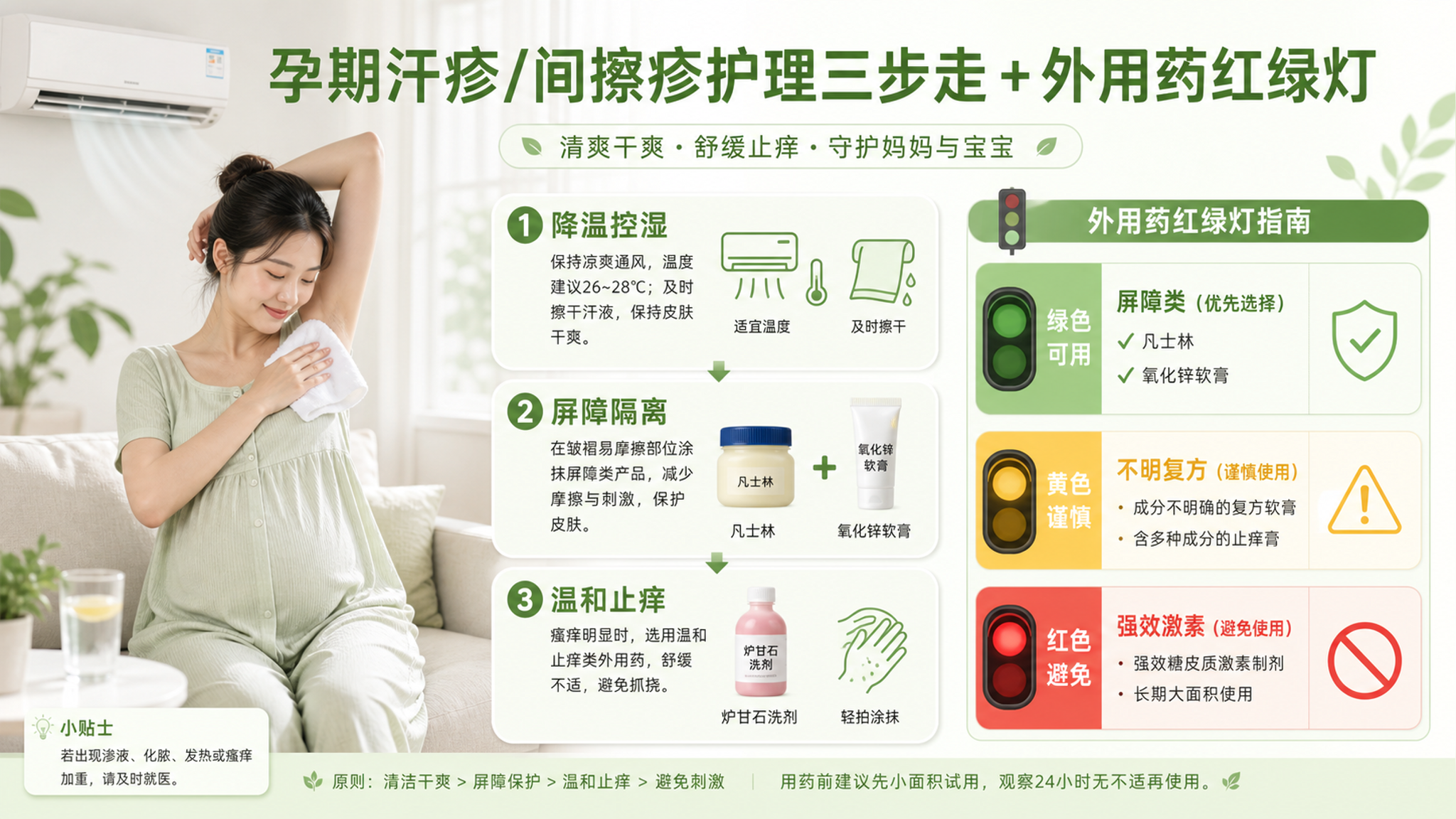 一张清爽浅绿色系信息图，主题为“孕期汗疹/间擦疹护理三步走+外用药红绿灯”，画面包含一位中国孕妇（夏