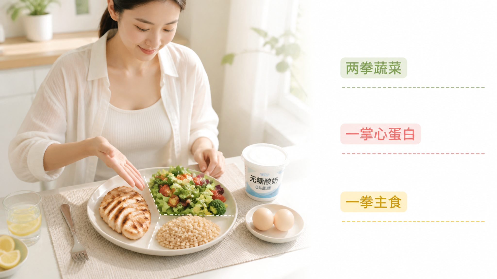 清爽夏日厨房餐桌场景,中国年轻女性在自然窗光下摆盘,一只手用手掌对照蛋白份量(鱼虾或鸡胸肉),盘中清