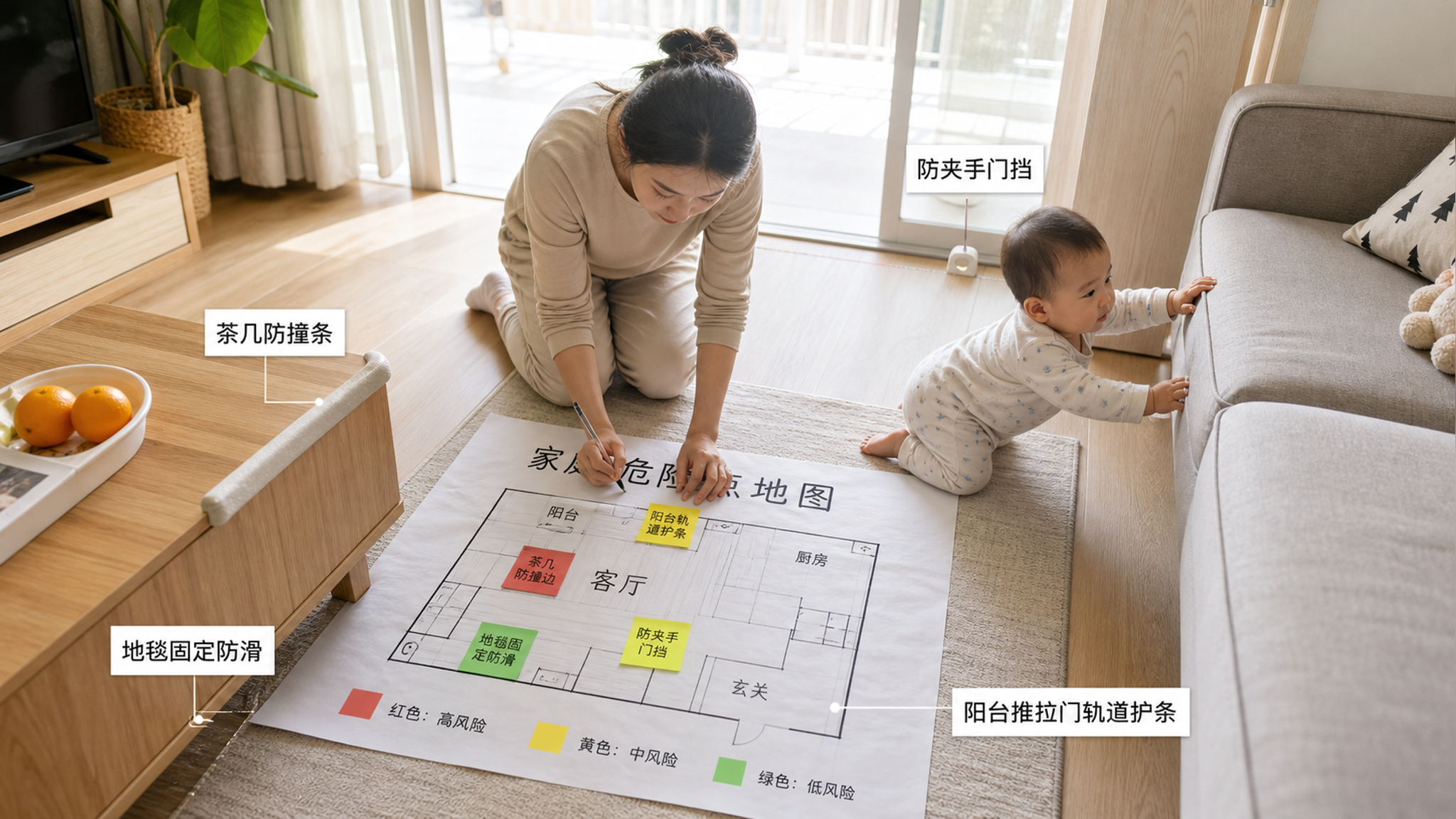 中国家庭客厅俯视构图,年轻中国妈妈跪坐在地板上用红黄绿便利贴标注“危险点地图”,旁边有正在爬行并扶着